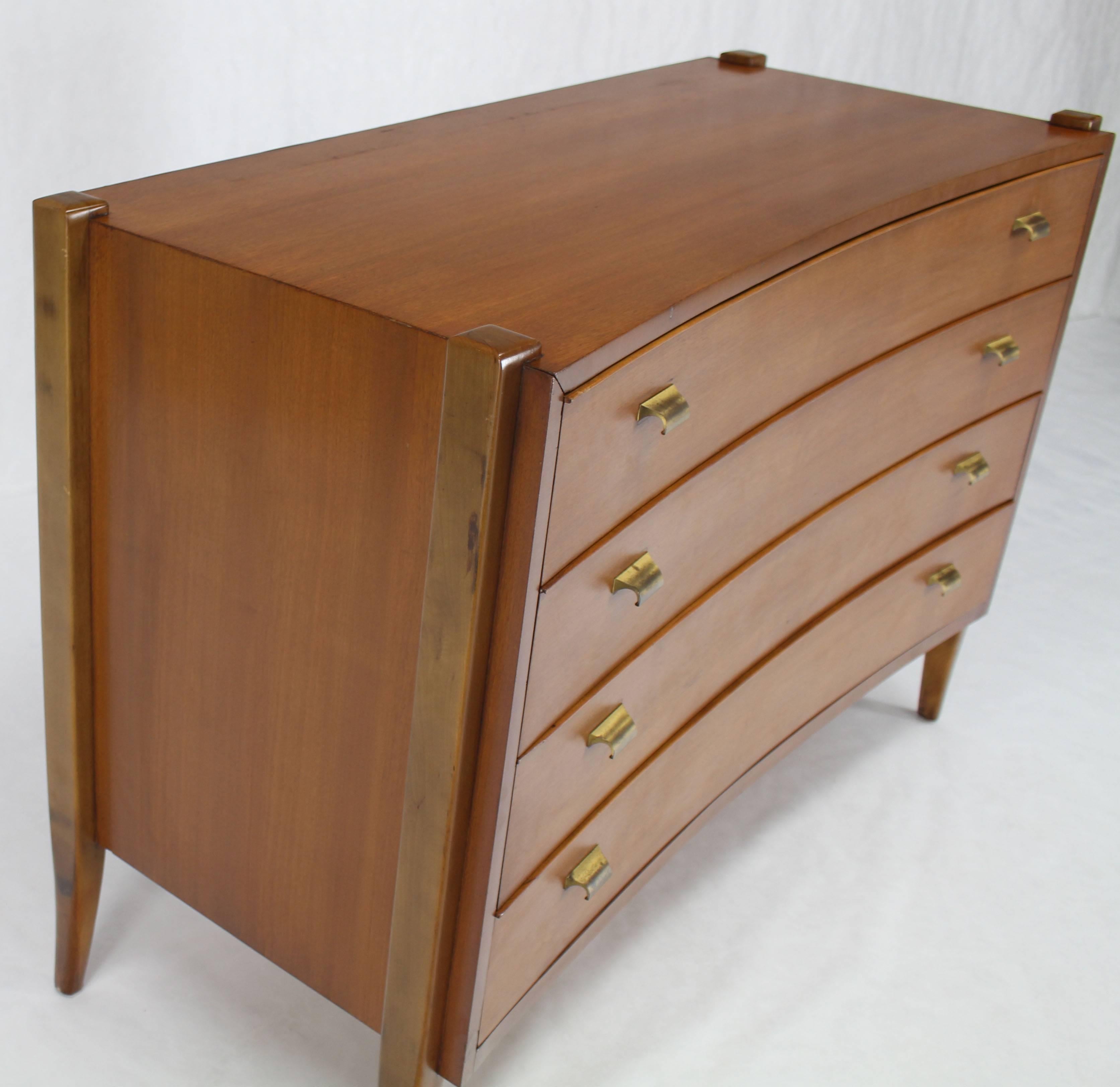 Cherry sculpted exposed legs bow front Mid-Century Modern dresser chest credenza cabinet.