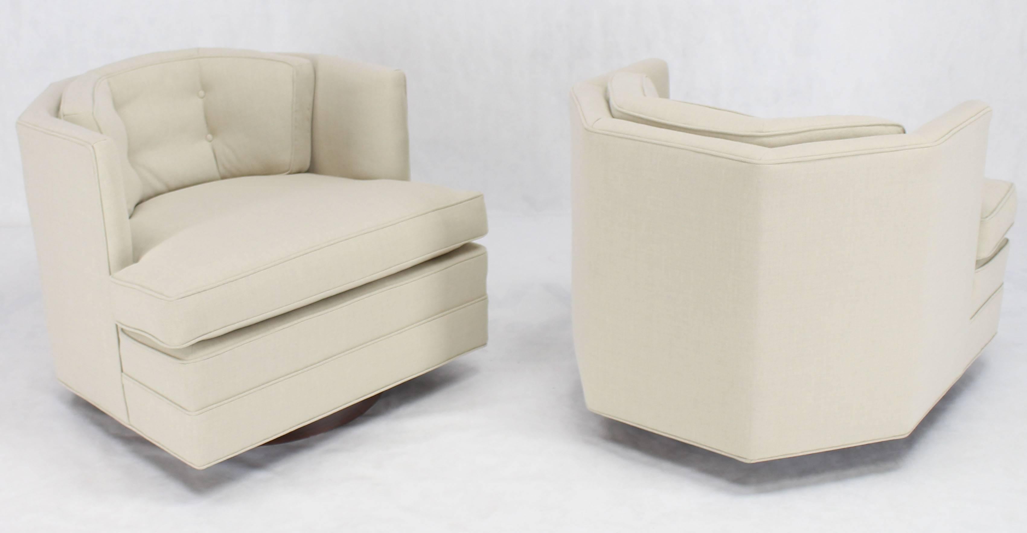 American Pair of Newly Upholstered Swivel Barrel Back Lounge Chairs 