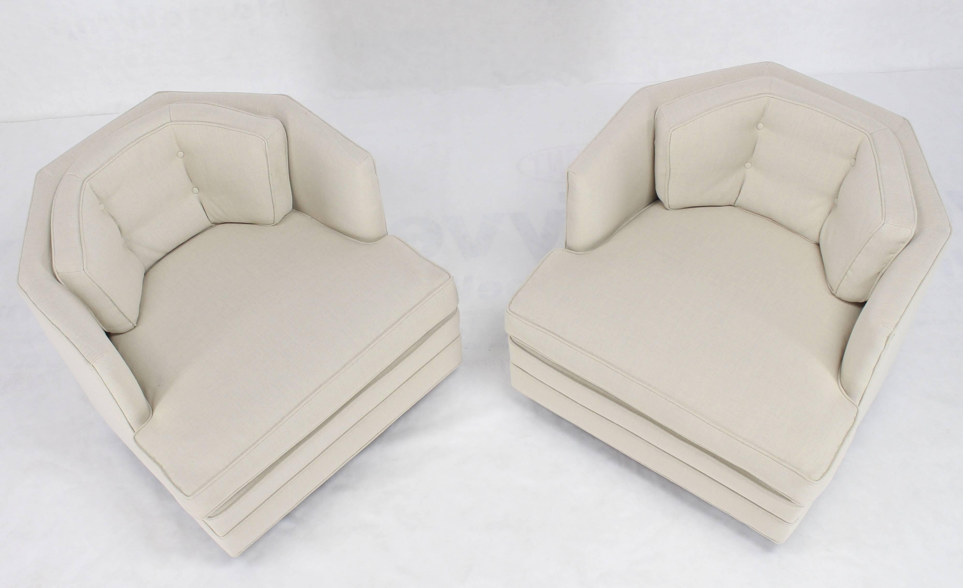 Mid-Century Modern Pair of Newly Upholstered Swivel Barrel Back Lounge Chairs 