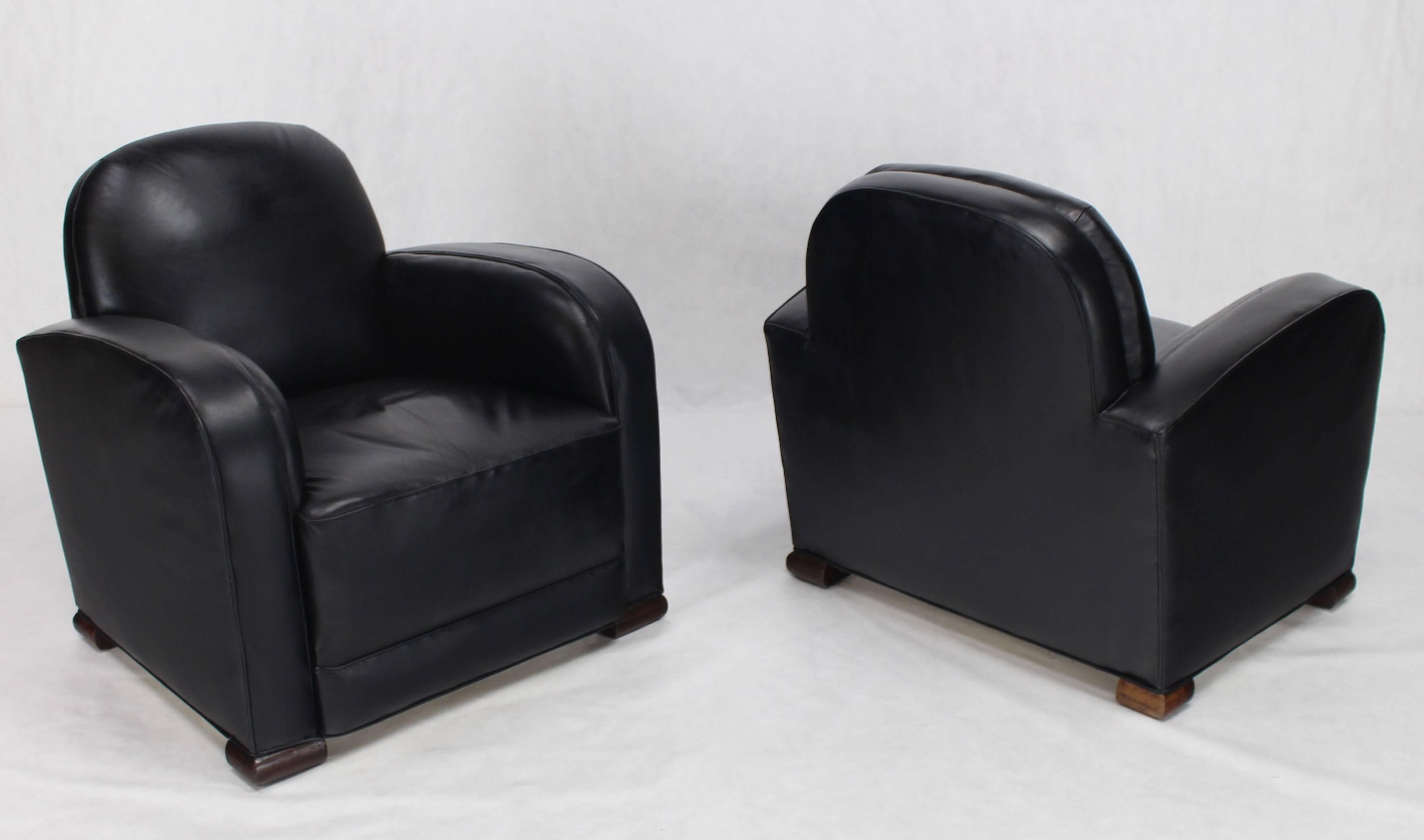 20th Century Pair of Black Leather Thick Arm Rests Lounge Deco Tank Chairs 