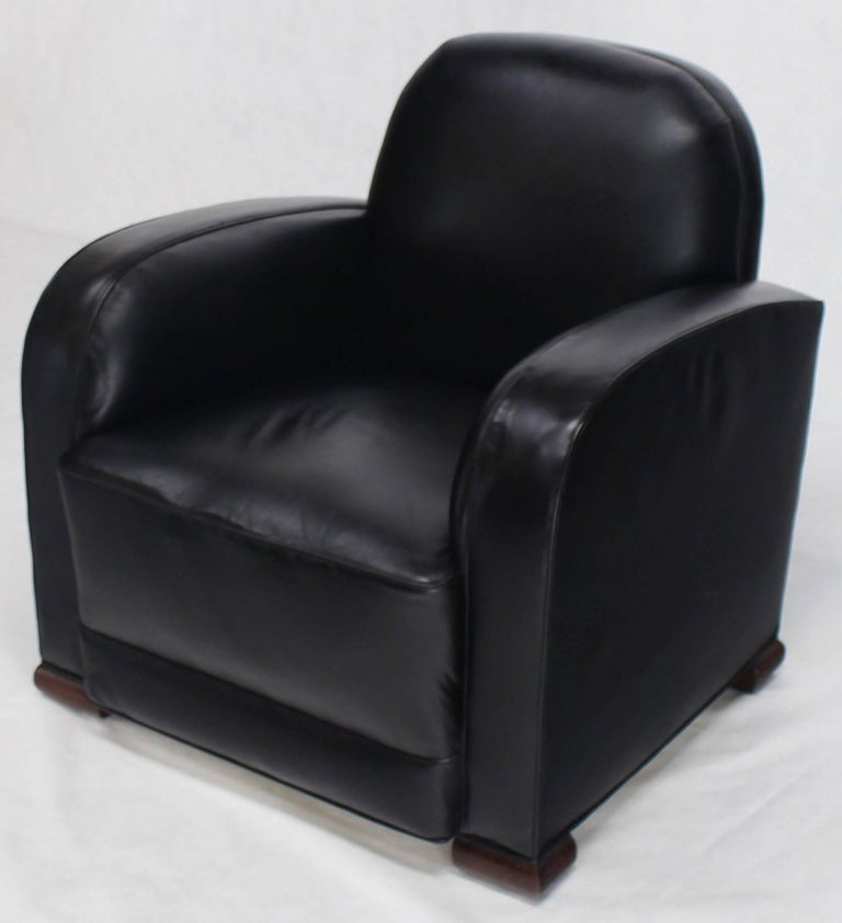 Pair of Black Leather Thick Arm Rests Lounge Deco Tank Chairs For Sale