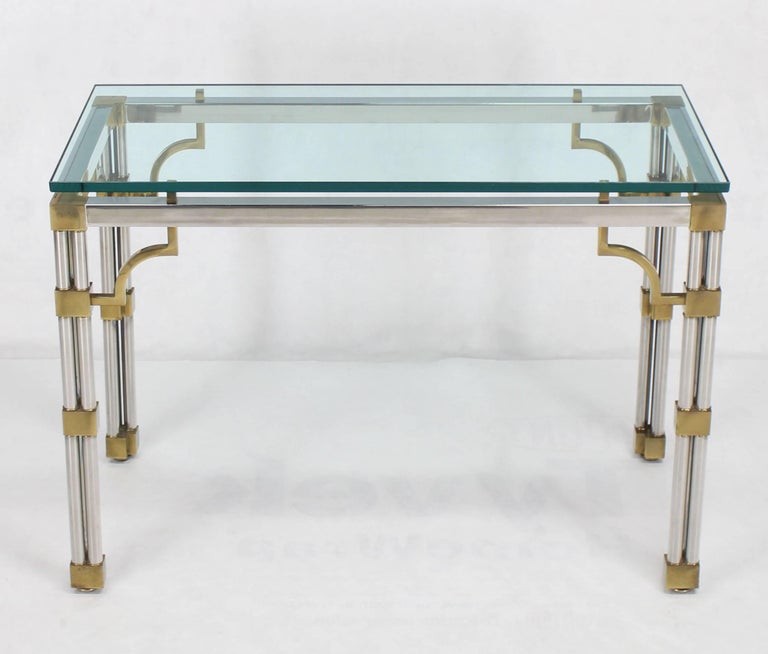Very nice Mid-Century Modern mixed metal thick glass console or sofa table in excellent original vintage condition.