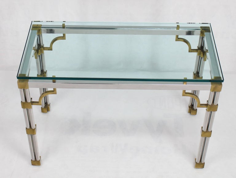American Chrome Glass and Brass Heavy Console Sofa Table For Sale