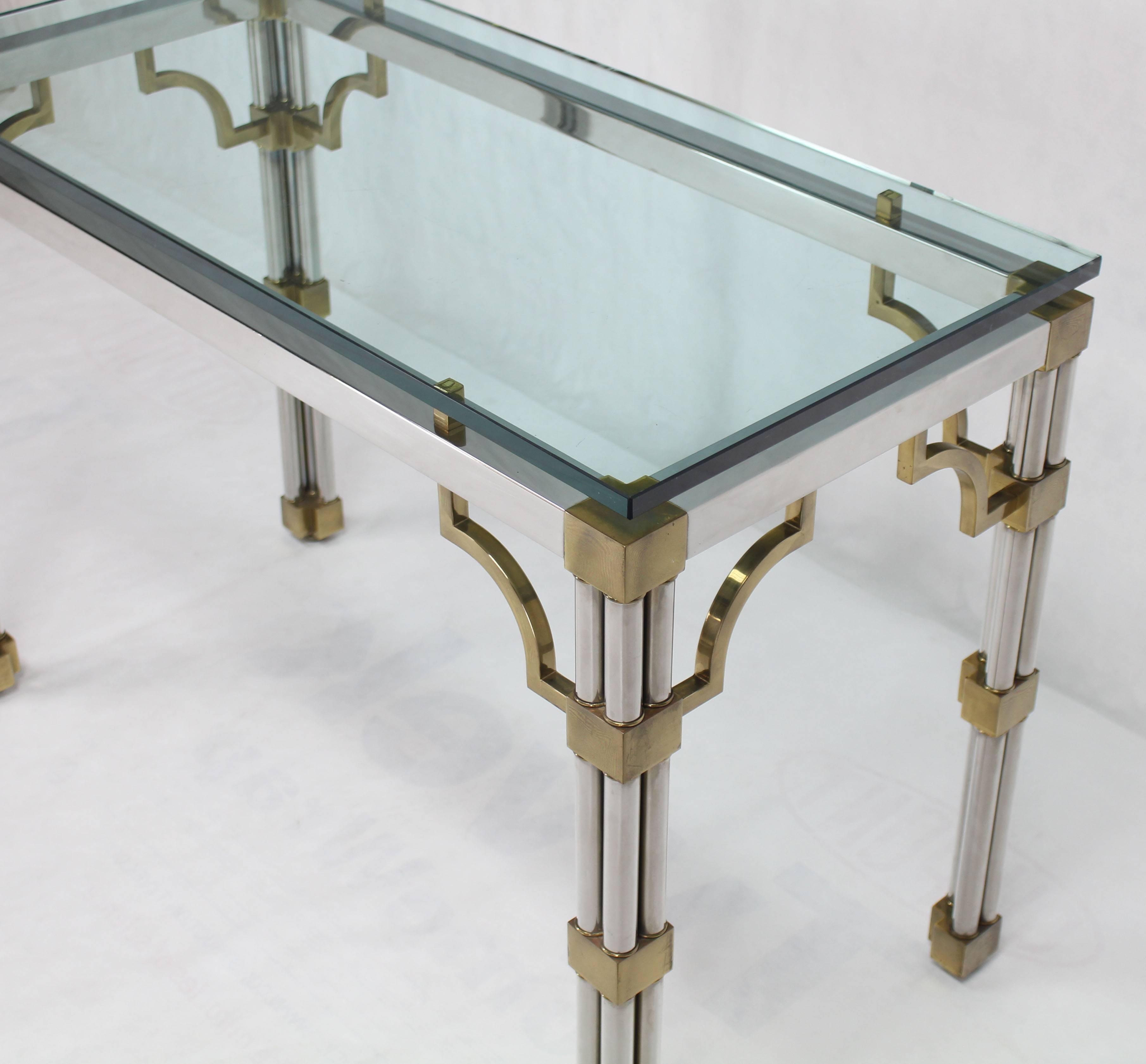 Mid-Century Modern Chrome Glass and Brass Heavy Console Sofa Table For Sale