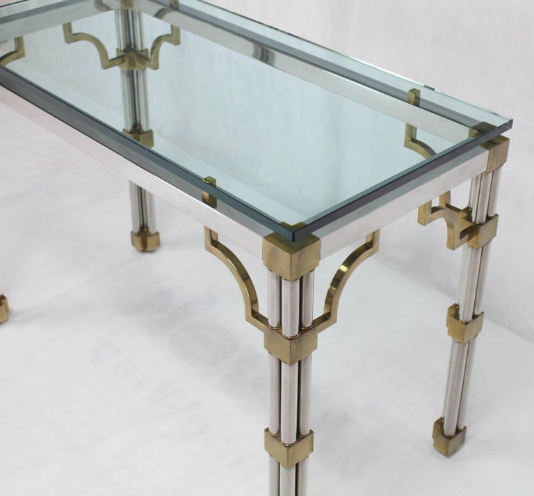 Cast Chrome Glass and Brass Heavy Console Sofa Table For Sale