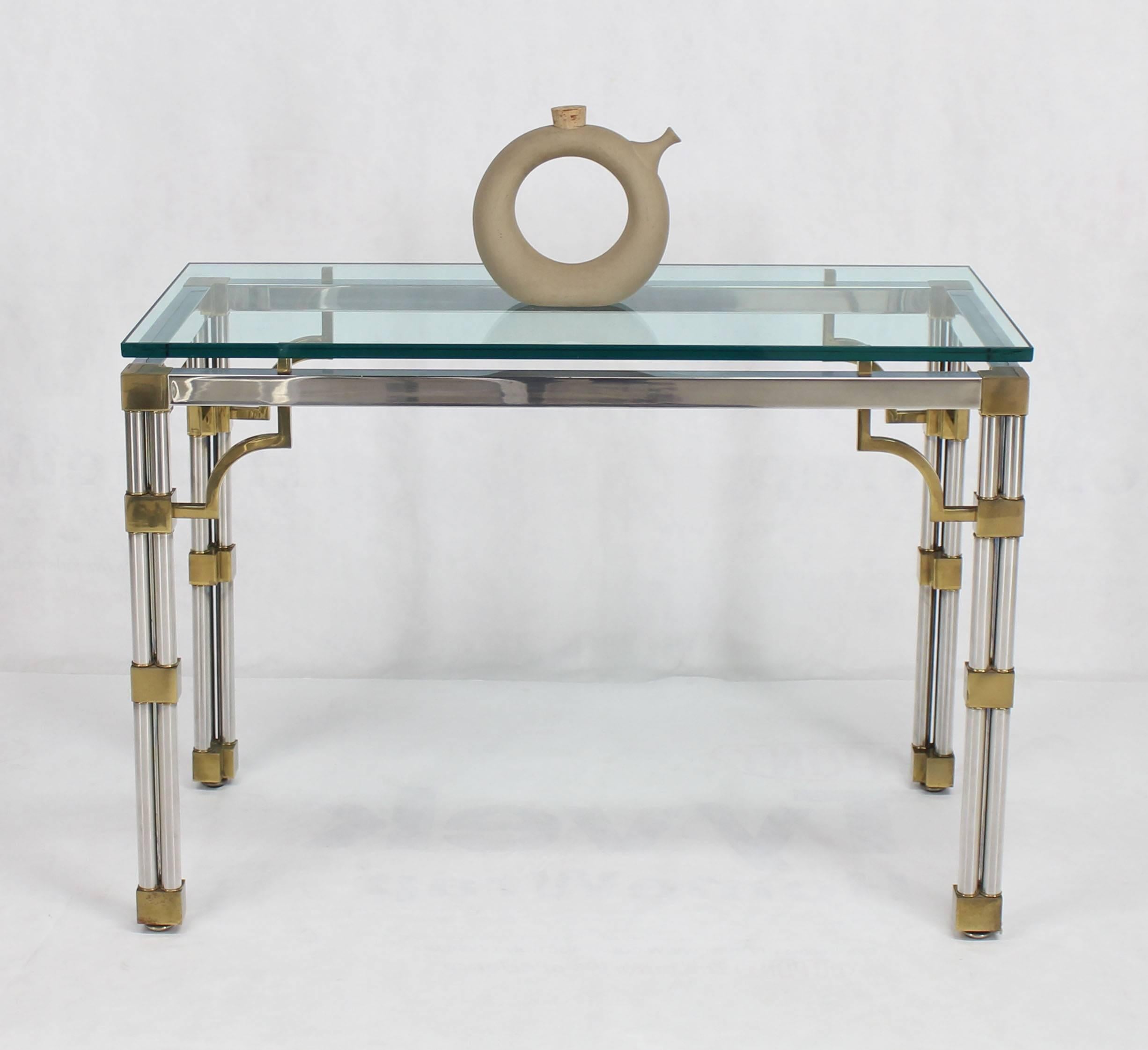 20th Century Chrome Glass and Brass Heavy Console Sofa Table For Sale