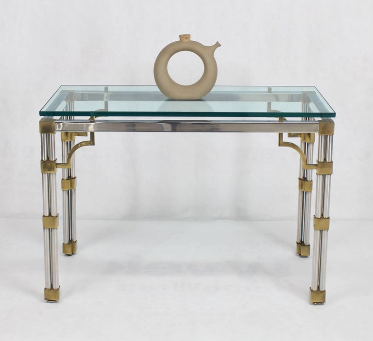 Chrome Glass and Brass Heavy Console Sofa Table For Sale 2