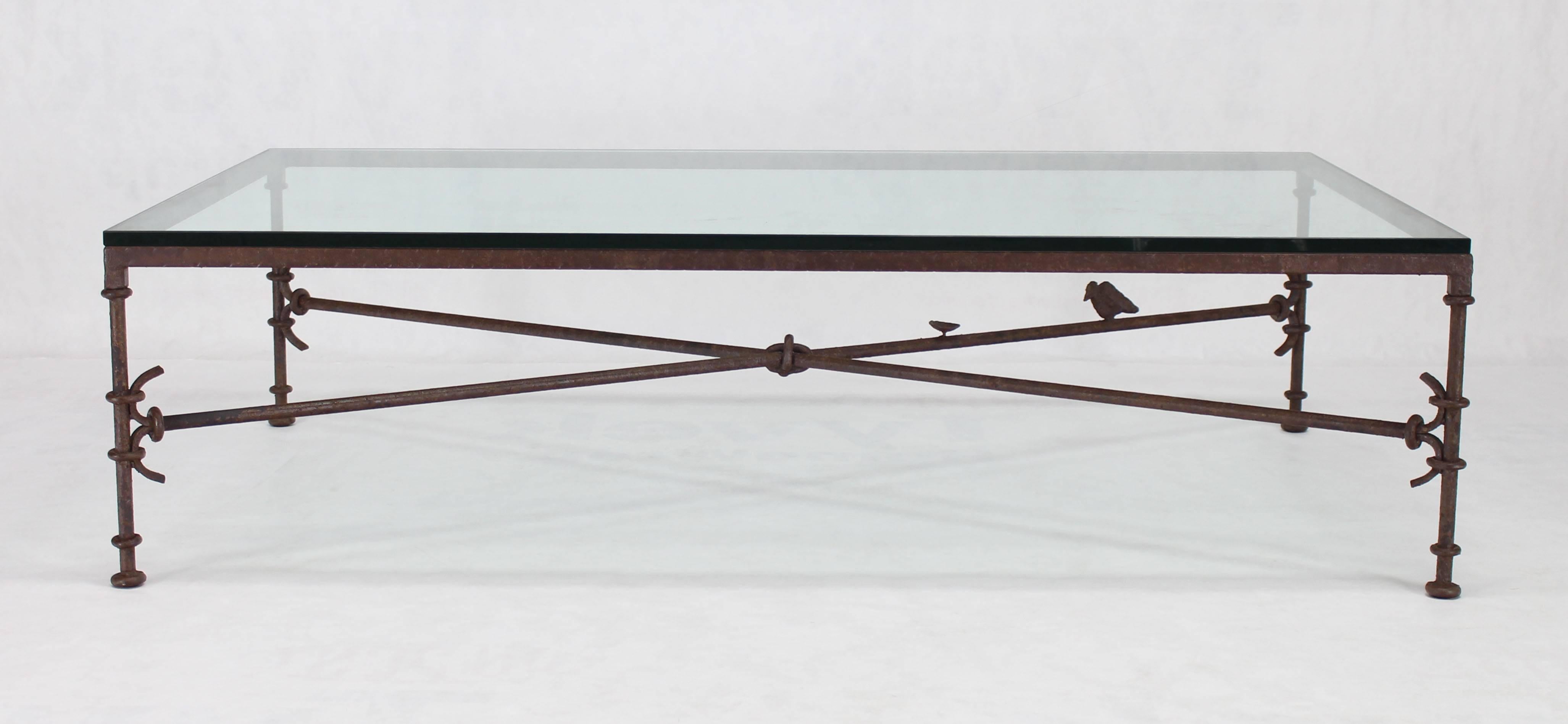 Mid-Century Modern Large Rectangle Oversize Forged Metal Iron Base Glass Top Coffee Table