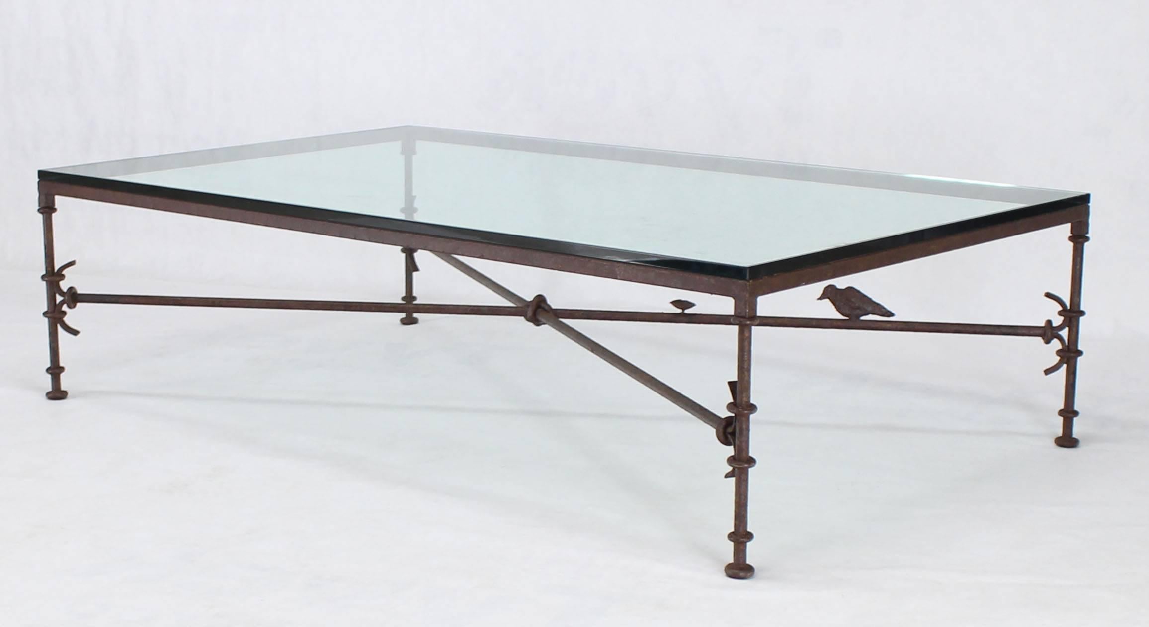 Large Rectangle Oversize Forged Metal Iron Base Glass Top Coffee Table In Good Condition In Rockaway, NJ