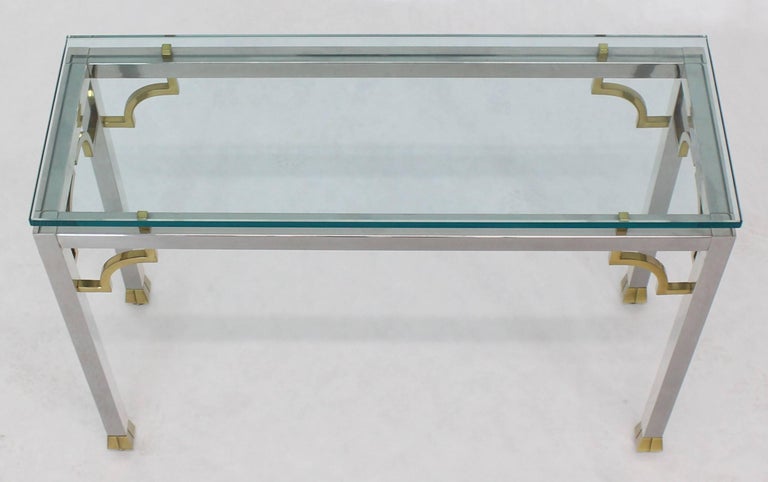 Mid-Century Modern Chrome Brass Thick Glass Top Console Sofa Table For Sale