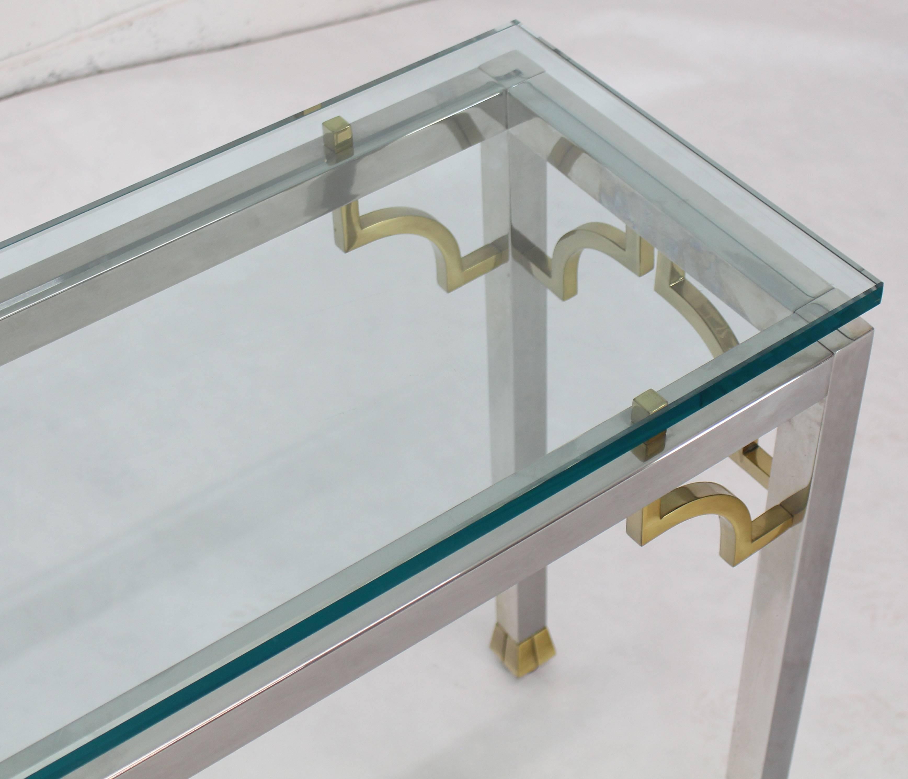 Mid-Century Modern Chrome Brass Thick Glass Top Console Sofa Table For Sale