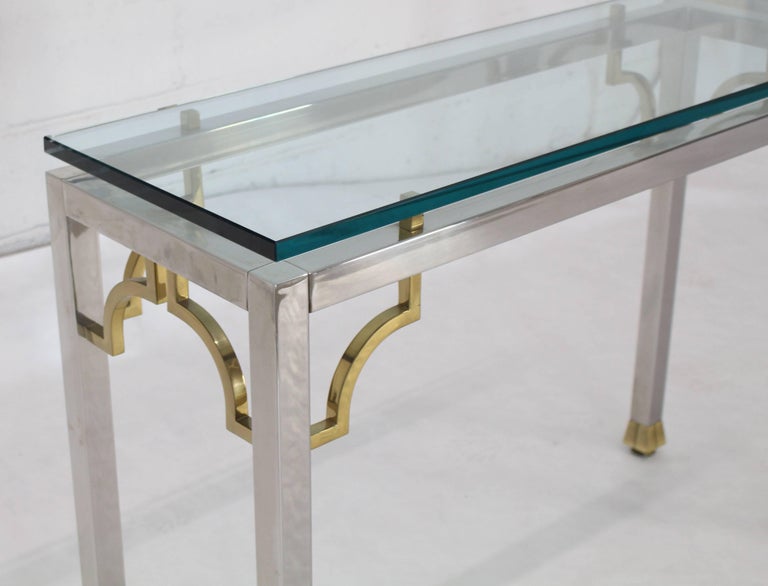 Cast Chrome Brass Thick Glass Top Console Sofa Table For Sale