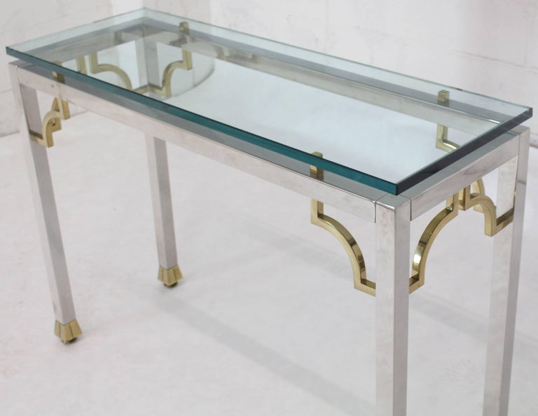 American Chrome Brass Thick Glass Top Console Sofa Table For Sale