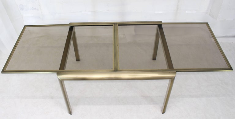 Mid-Century Modern Smoked Glass Brass DIA Expandable Dining Table For Sale