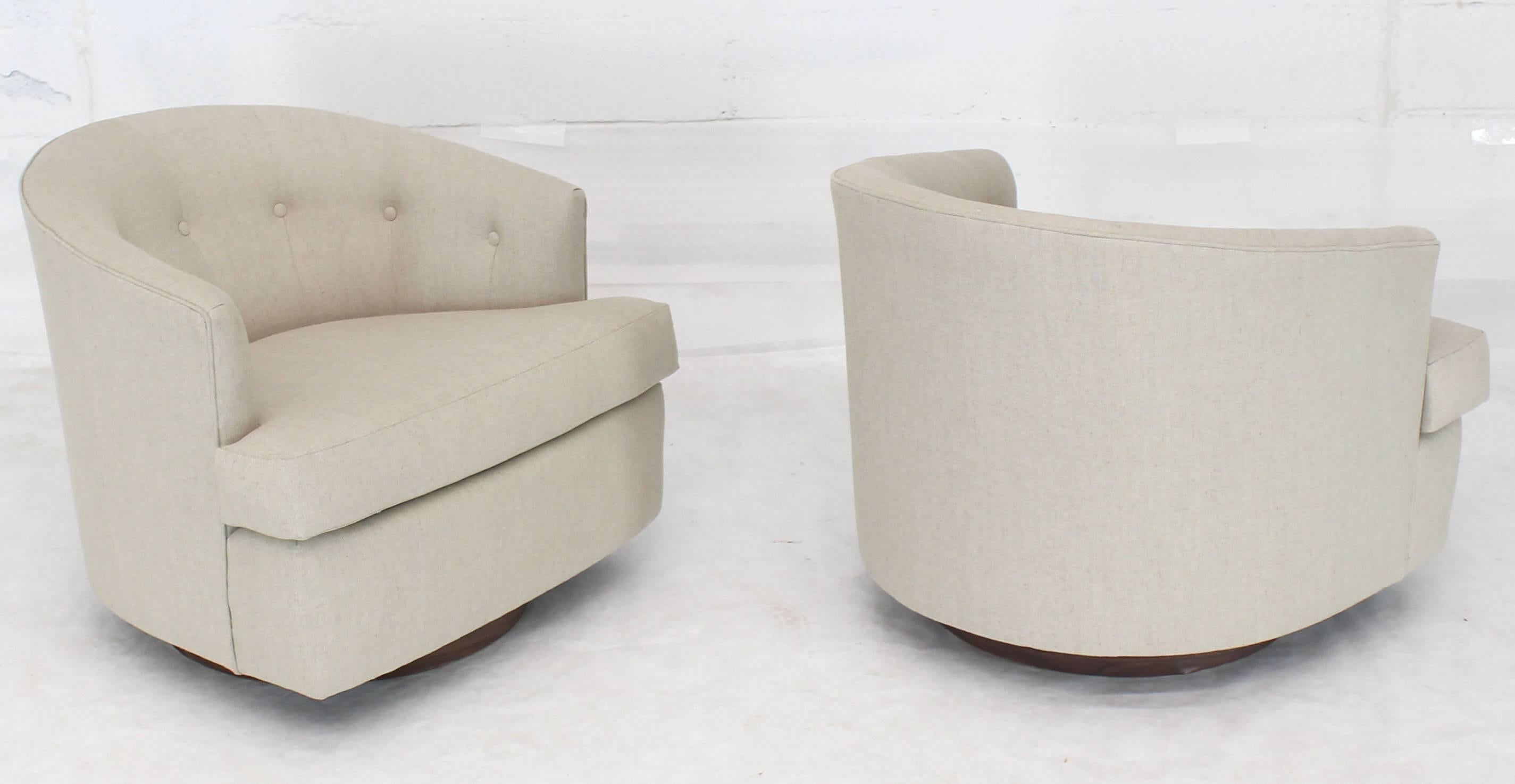 Mid-Century Modern New Solid Linen Upholstery Barrel Back Swivel Chairs On Walnut Bases 