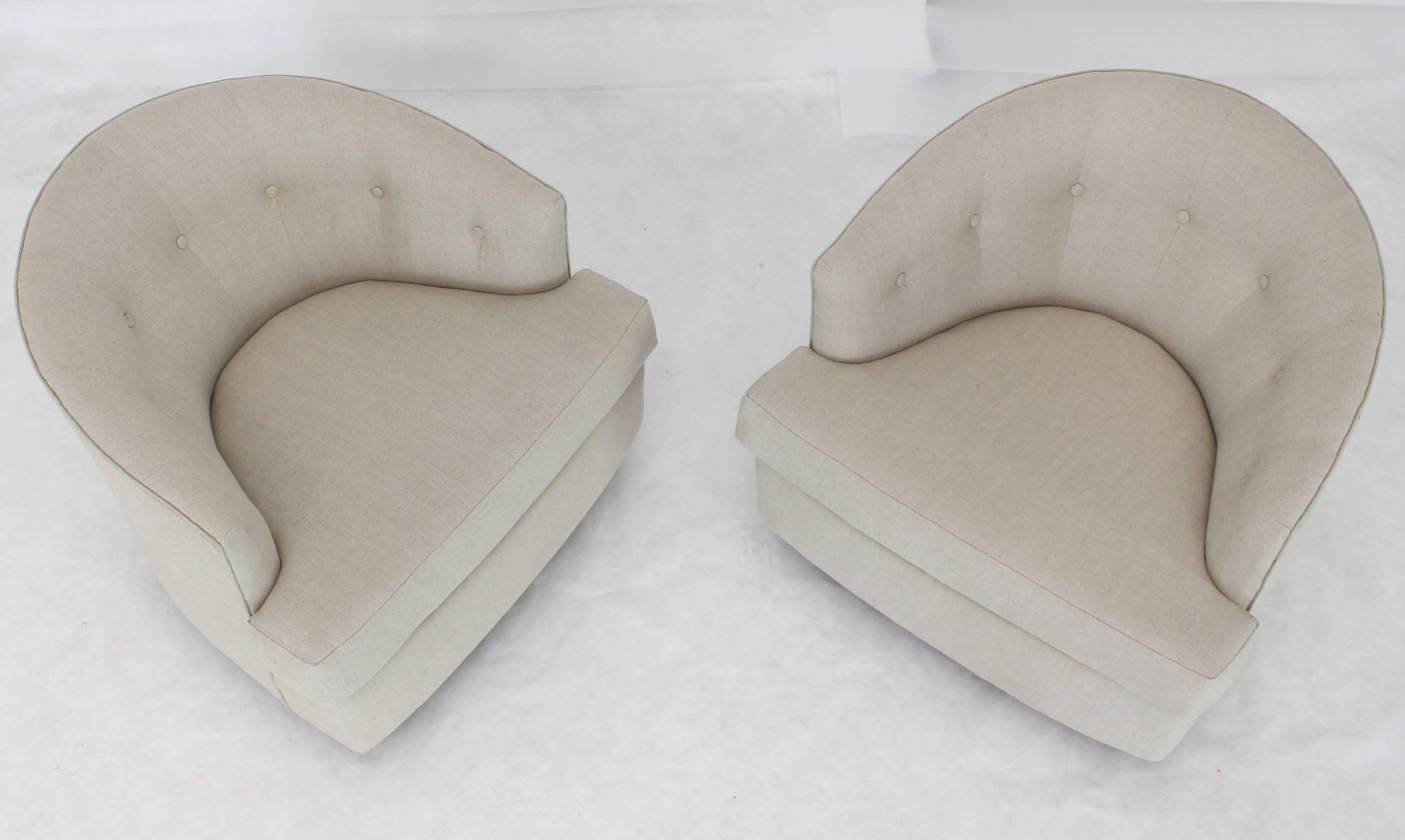 Pair of mid century modern new solid linen upholstery barrel back chairs.