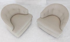 New Solid Linen Upholstery Barrel Back Swivel Chairs On Walnut Bases