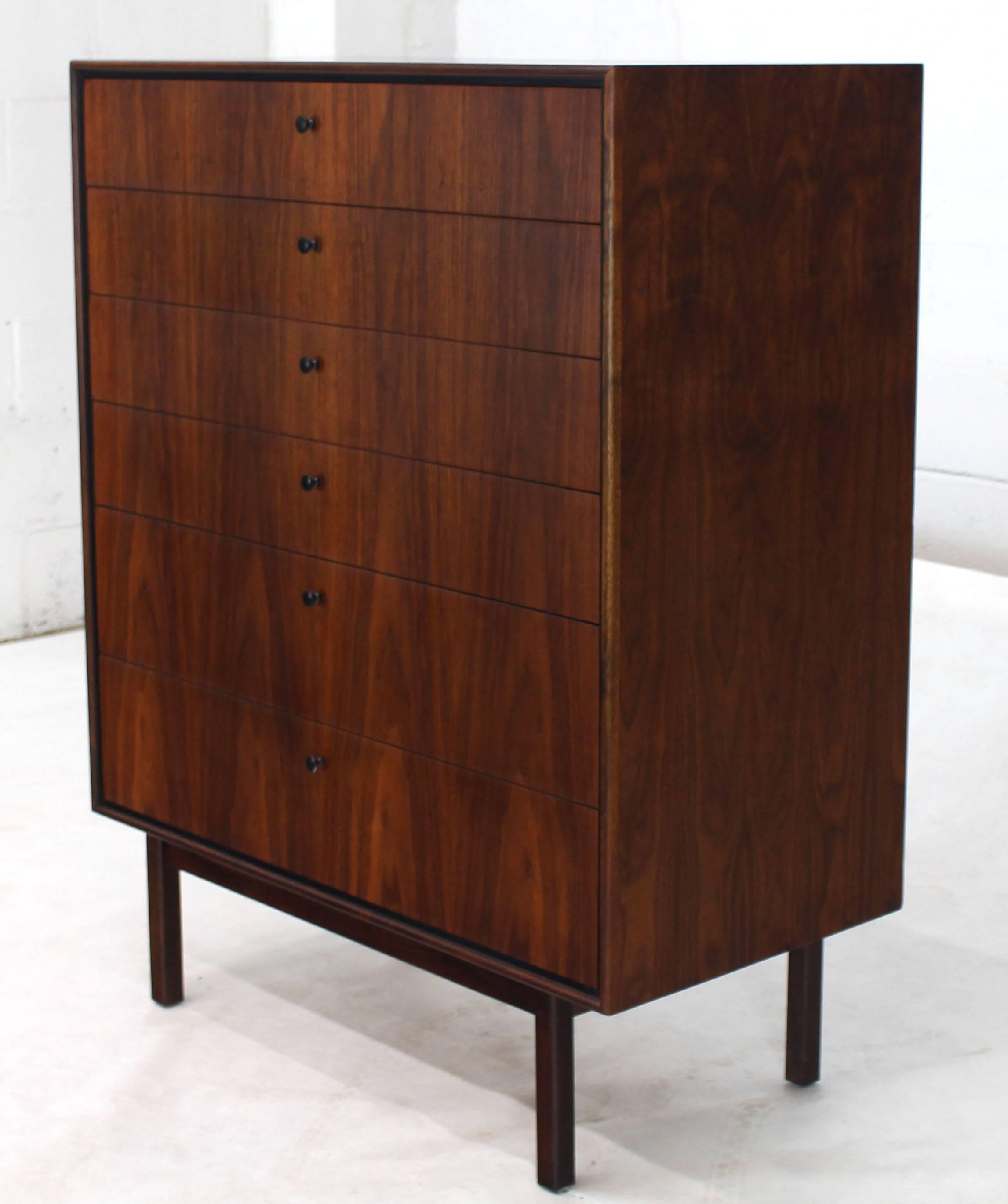 Mid century modern oiled walnut stunning wood grain high chest dresser on square legs. 