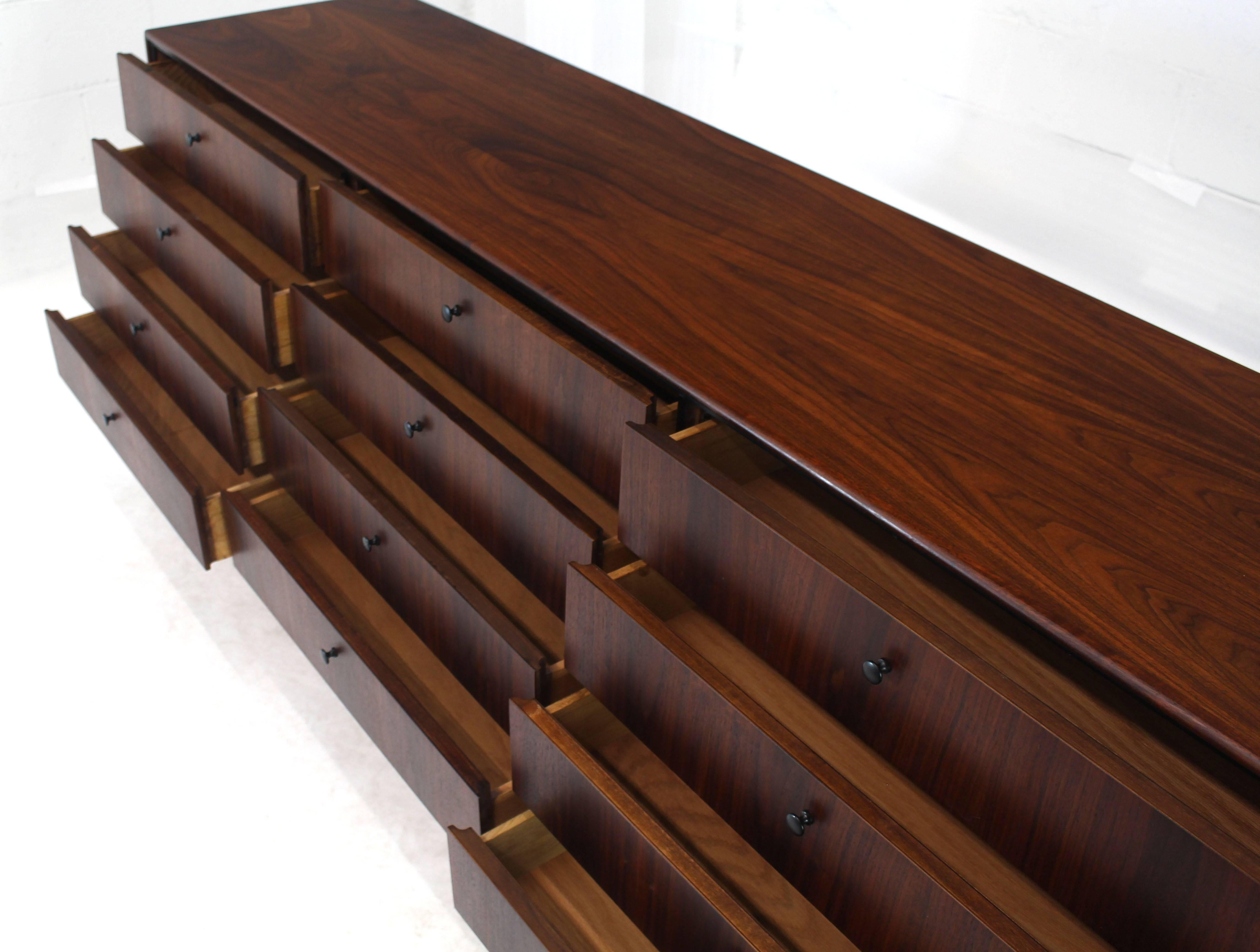 Vivid walnut grain patterns long mid century modern 12 drawers dresser credenza.