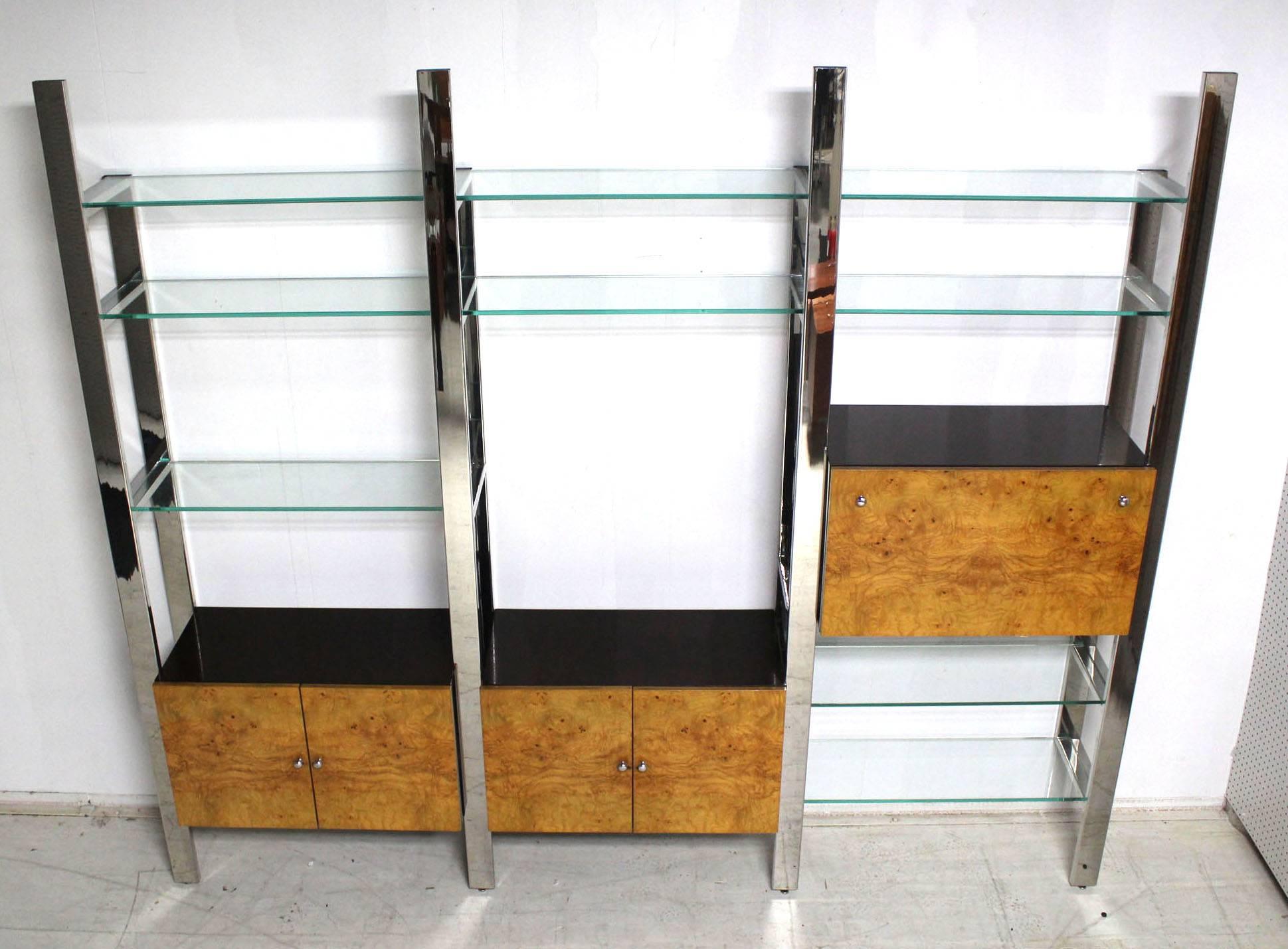 Burl Wood Thick Glass Shelves 3 Bay Wall Unit In Excellent Condition For Sale In Rockaway, NJ