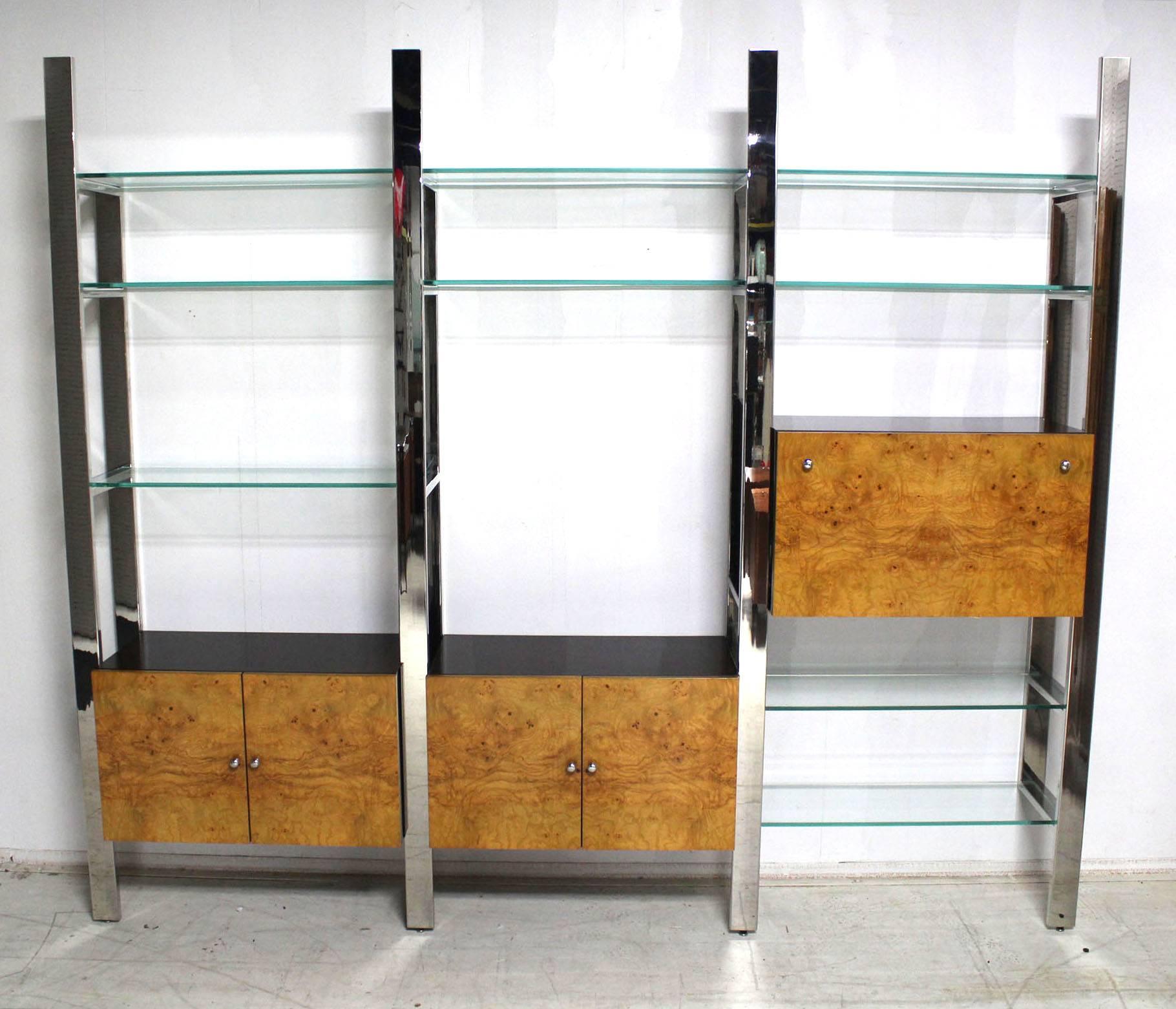 20th Century Burl Wood Thick Glass Shelves 3 Bay Wall Unit For Sale
