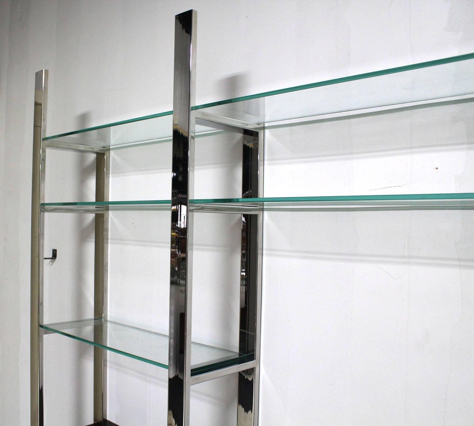 Mid-Century Modern Burl Wood Thick Glass Shelves 3 Bay Wall Unit For Sale