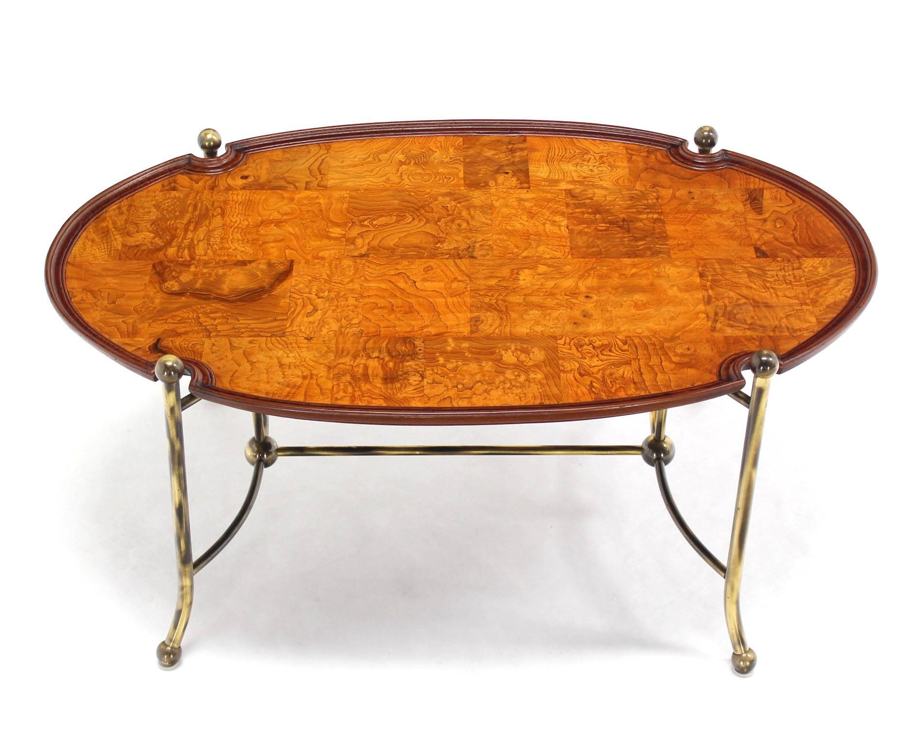 American Patch Burl Wood Top and Brass Base Oval Coffee Table