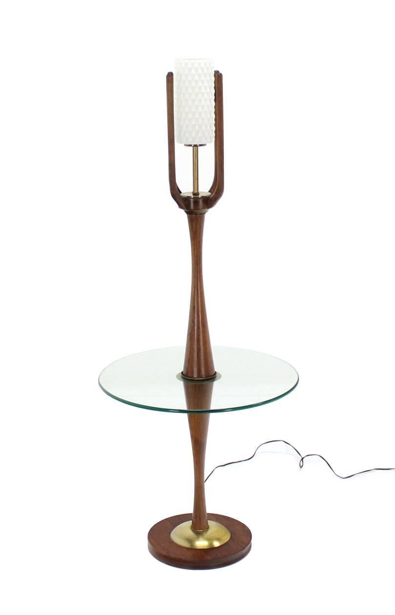 Lacquered Sculptural Mid-Century Modern Floor Lamp with Built In Round Glass Side Table For Sale