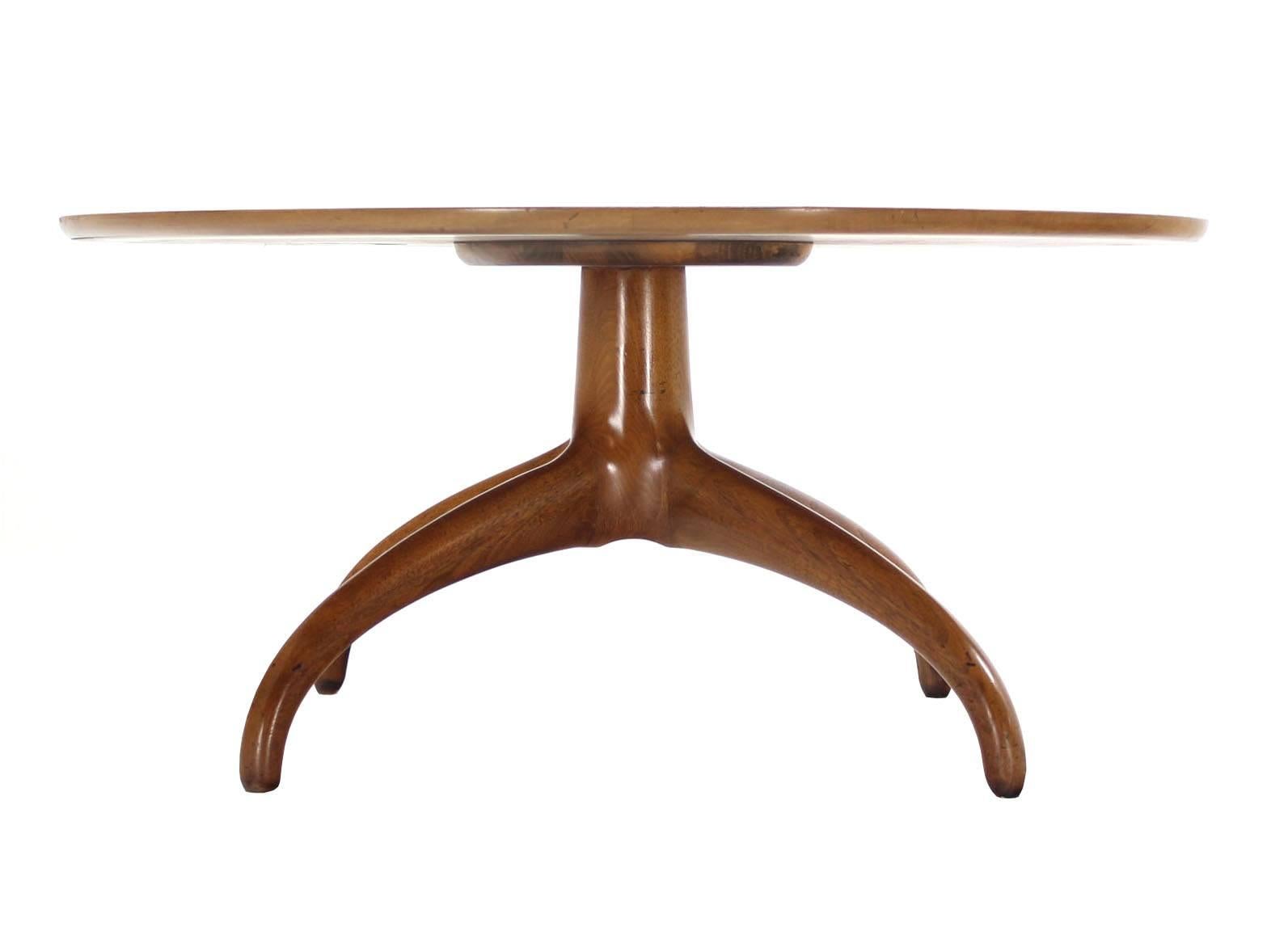 Lacquered Sculptural Solid Walnut Base Round Coffee Table by Henredon Spider Slay Leg