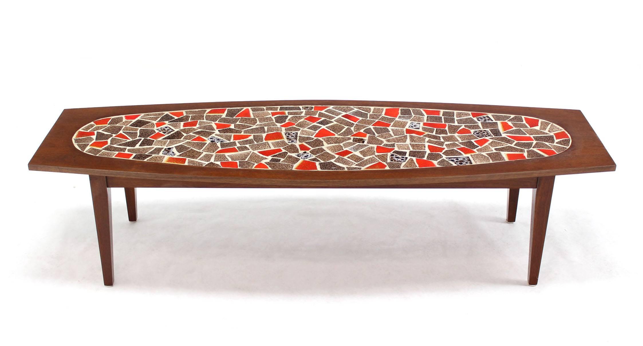 American Oval Mossaic Tile Top Rectangular Boat Shape Walnut Long Coffee Table.  For Sale