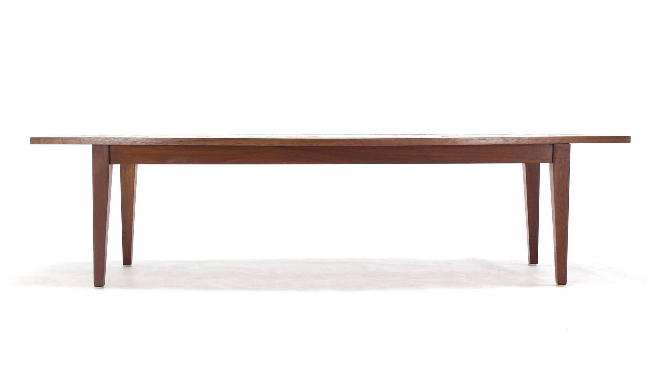 Oval Mossaic Tile Top Rectangular Boat Shape Walnut Long Coffee Table. In Excellent Condition For Sale In Rockaway, NJ