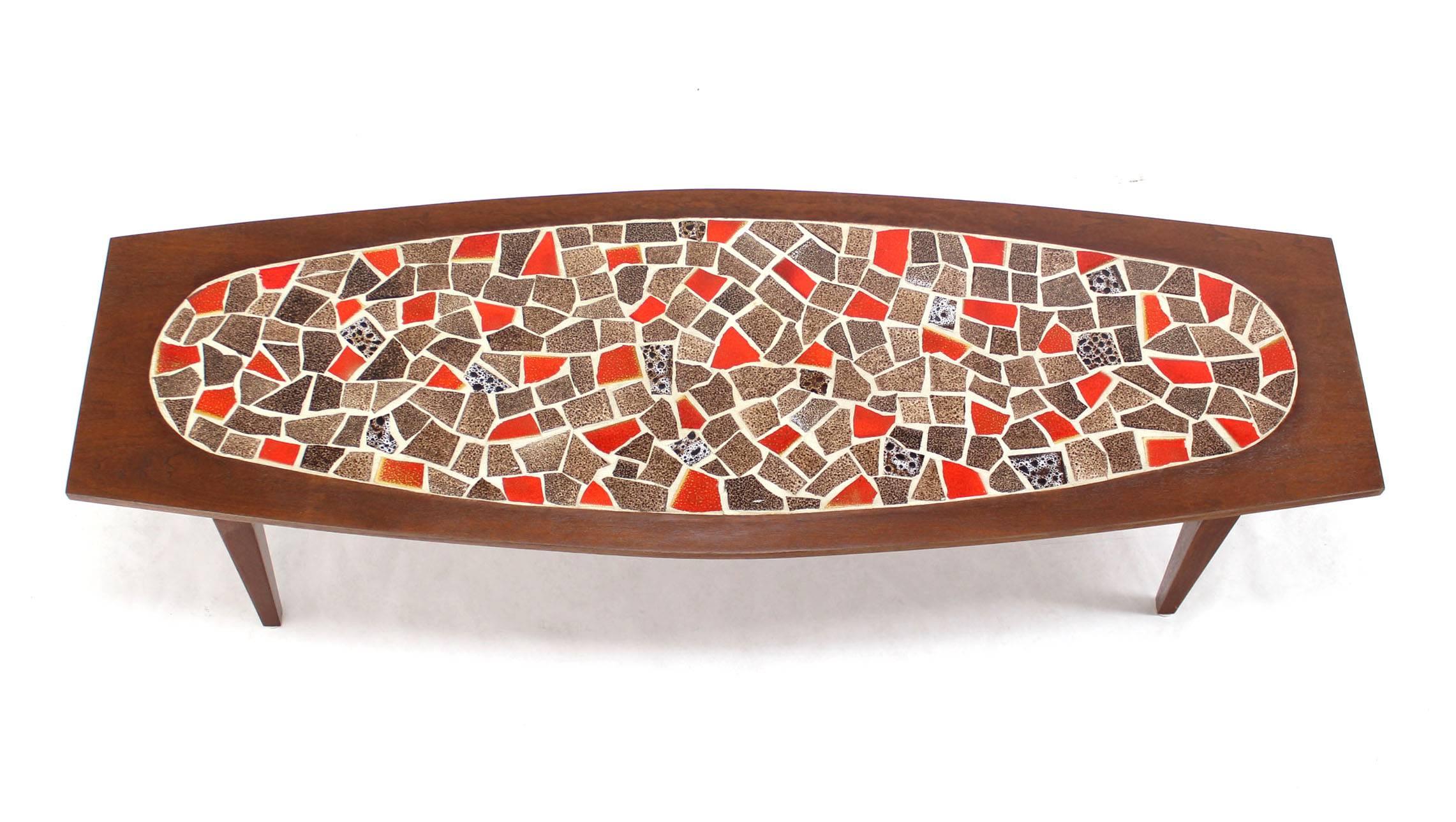 Mosaic Oval Mossaic Tile Top Rectangular Boat Shape Walnut Long Coffee Table.  For Sale