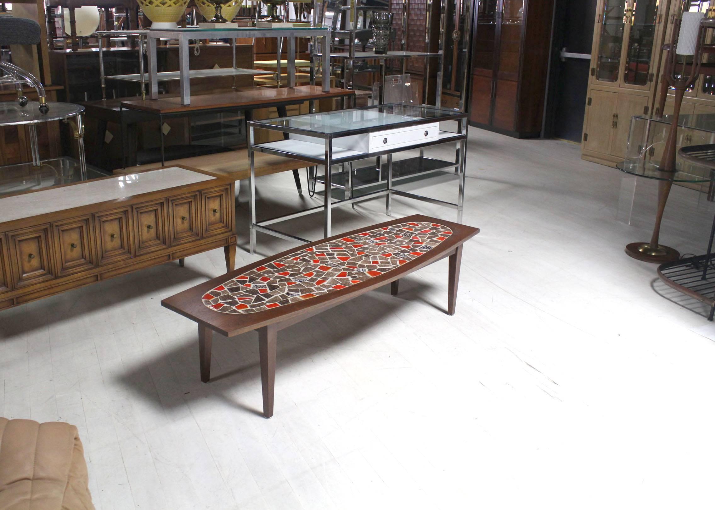 Mid-Century Modern Oval Mossaic Tile Top Rectangular Boat Shape Walnut Long Coffee Table. For Sale