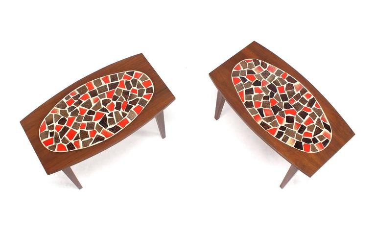 Mid-Century Modern Pair of Walnut and Tile Mosaic Side or End Tables For Sale