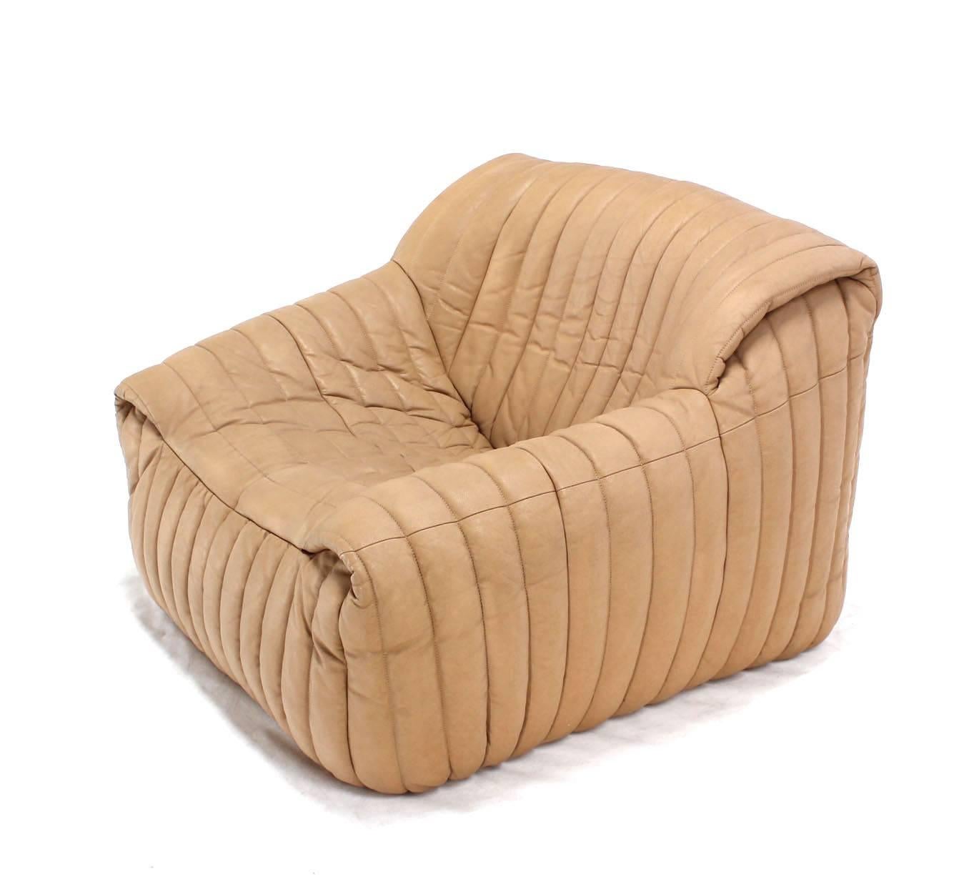 Mid-Century Modern Ligne Roset Beige Ribbed Leather Loveseat and Chair