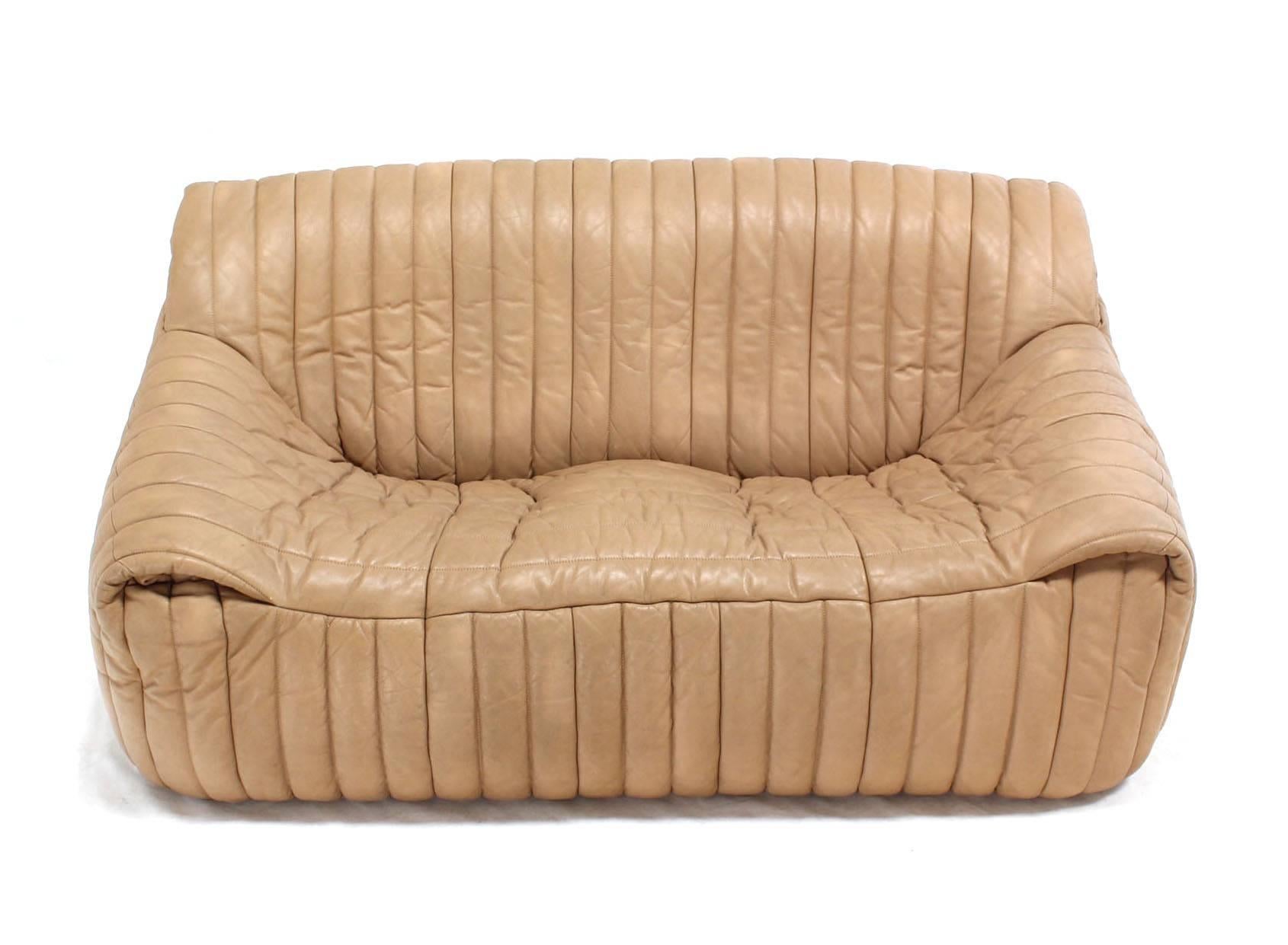 American Ligne Roset Beige Ribbed Leather Loveseat and Chair
