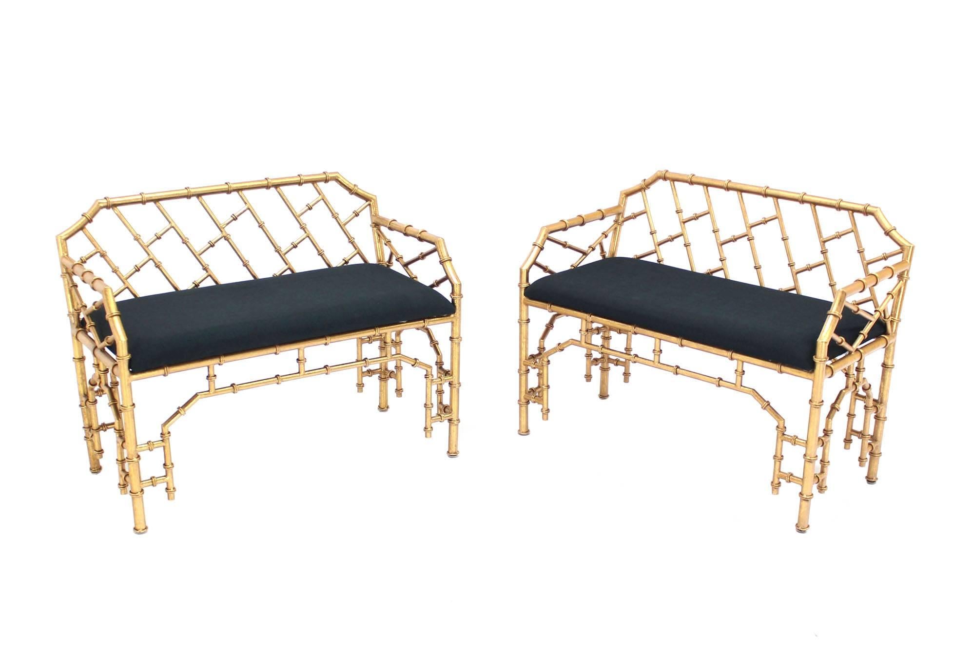 20th Century Pair of Gold Gilt Metal Faux Bamboo Upholstered  Window Benches