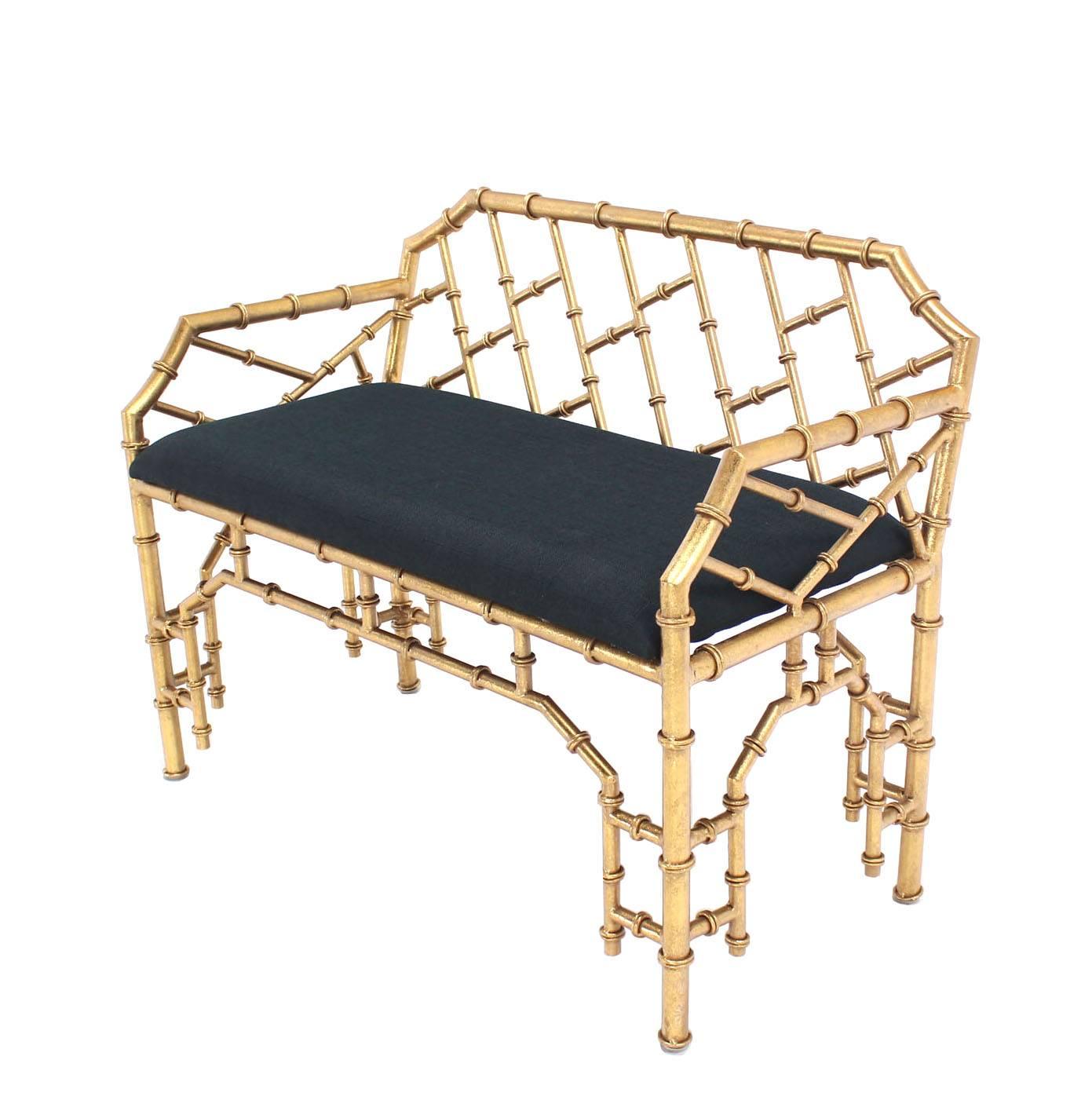 Welded Pair of Gold Gilt Metal Faux Bamboo Upholstered  Window Benches