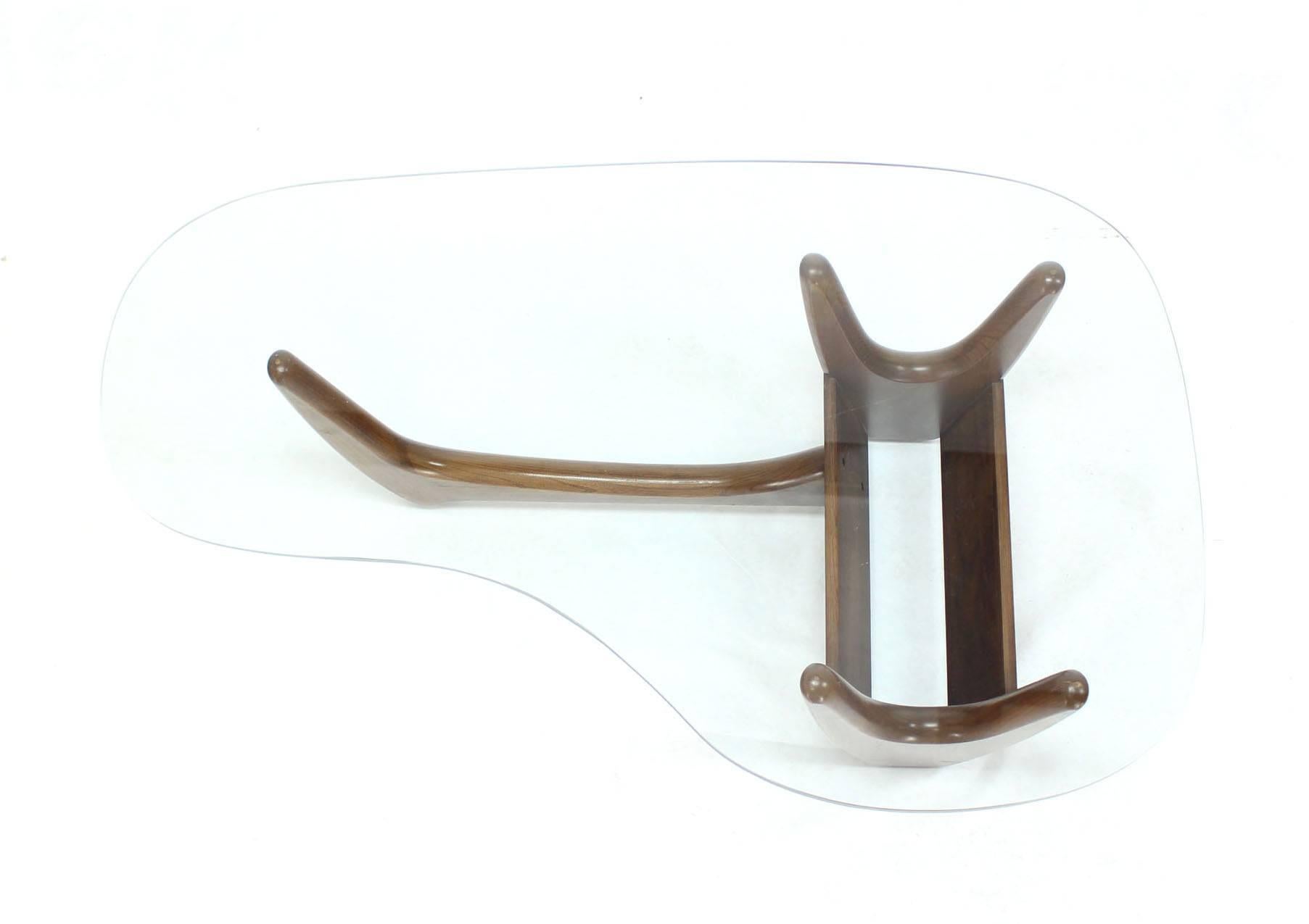Mid-Century Modern Organic Kidney Shape Glass Top Walnut Coffee Table w/ Planter