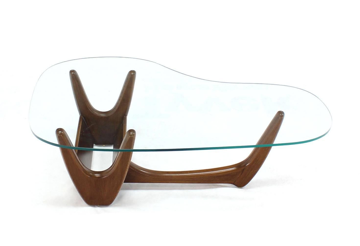 Lacquered Organic Kidney Shape Glass Top Walnut Coffee Table w/ Planter