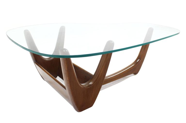 Organic Kidney Shape Glass Top Walnut Coffee Table w/ Planter For Sale