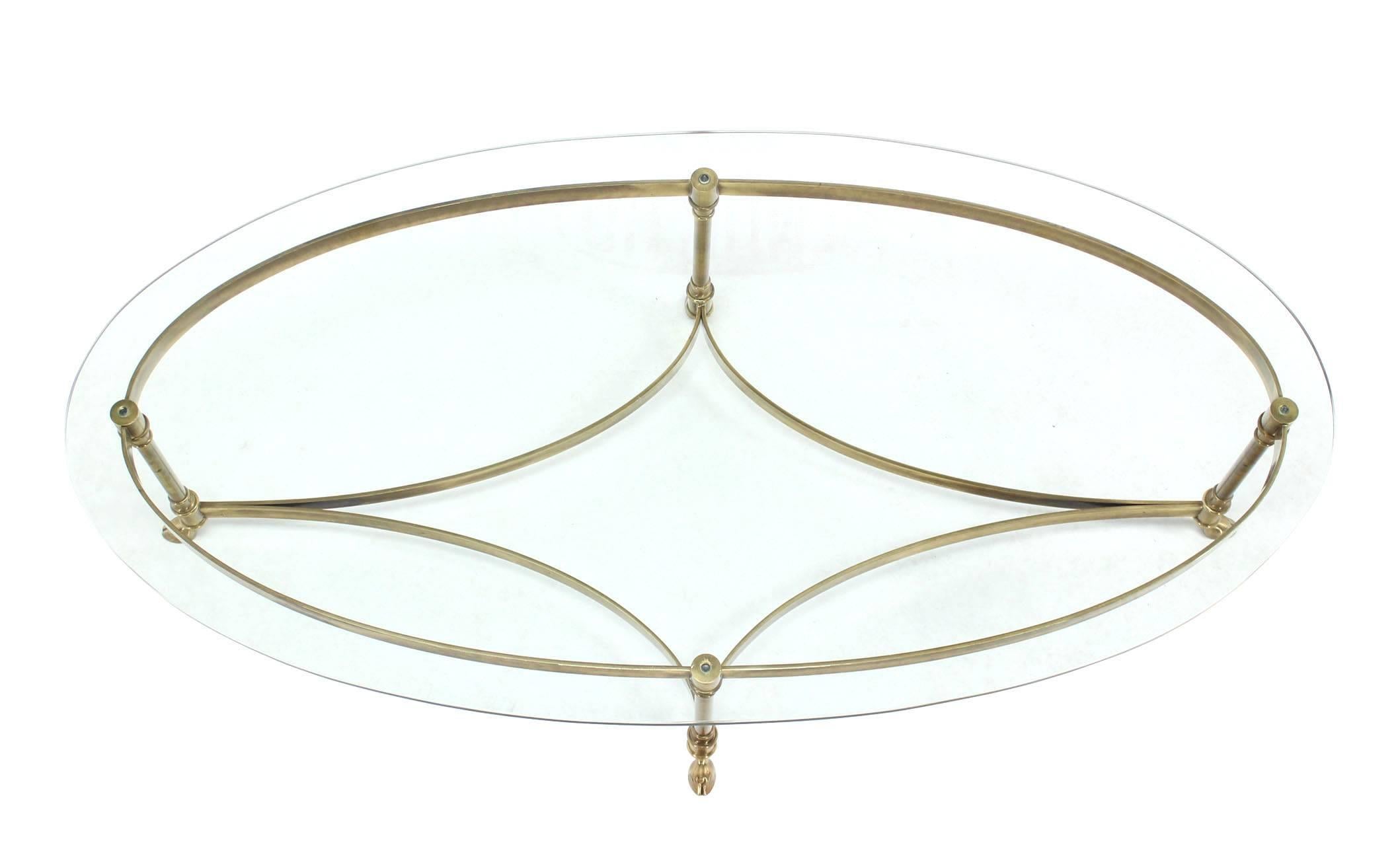 American Oval Brass Glass Top Hoof Feet Italian Coffee Table