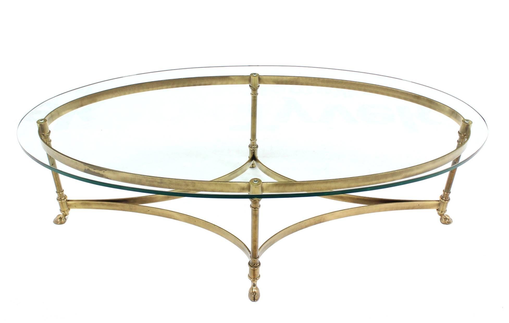 Mid-Century Modern Oval Brass Glass Top Hoof Feet Italian Coffee Table