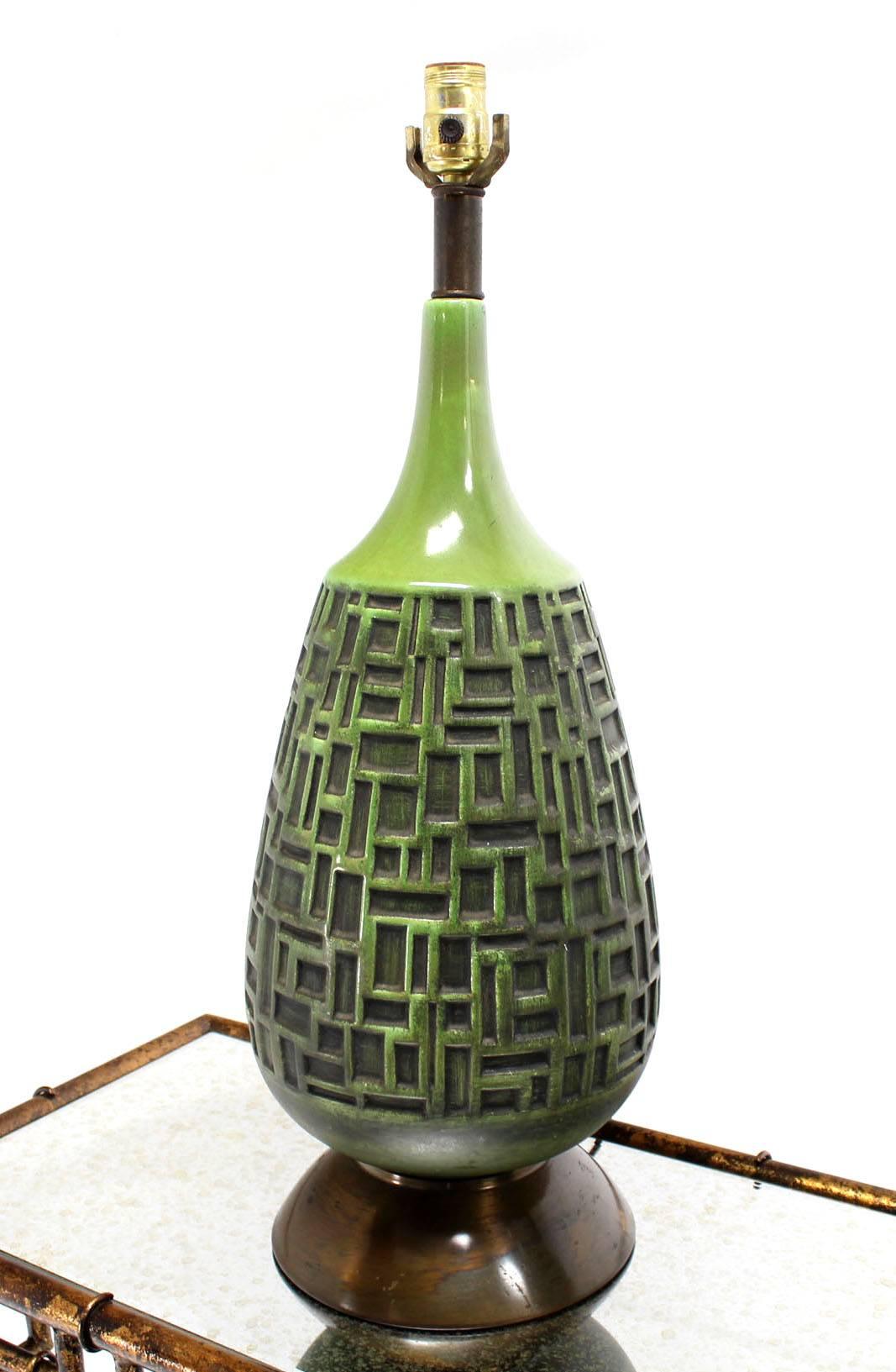 Painted Pair of Green Truffle Pattern Vase Shape Bases Table Lamps