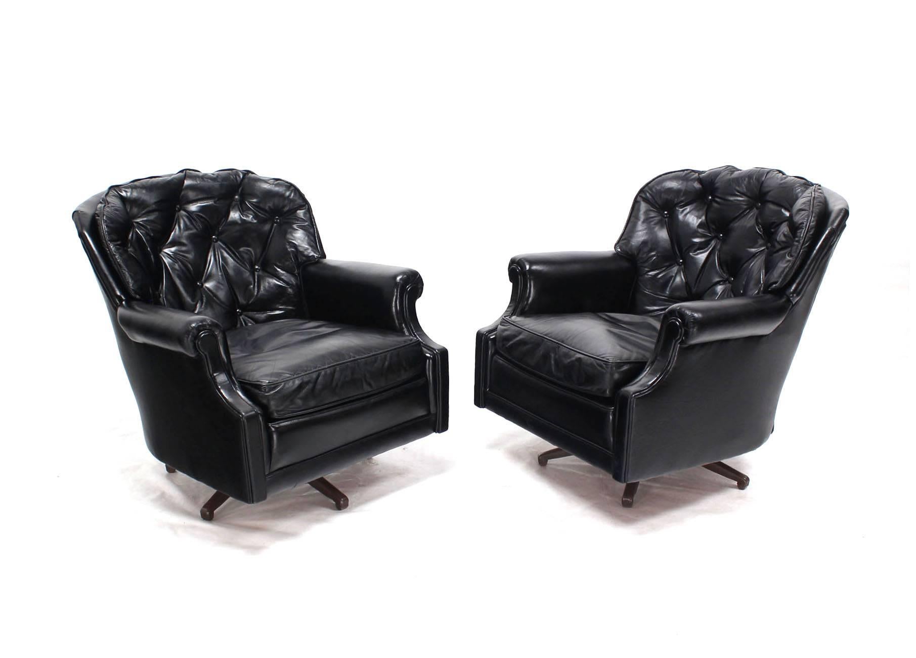 Pair of Shiny Black Leather Swivel Barrel Back Lounge Chairs  4
