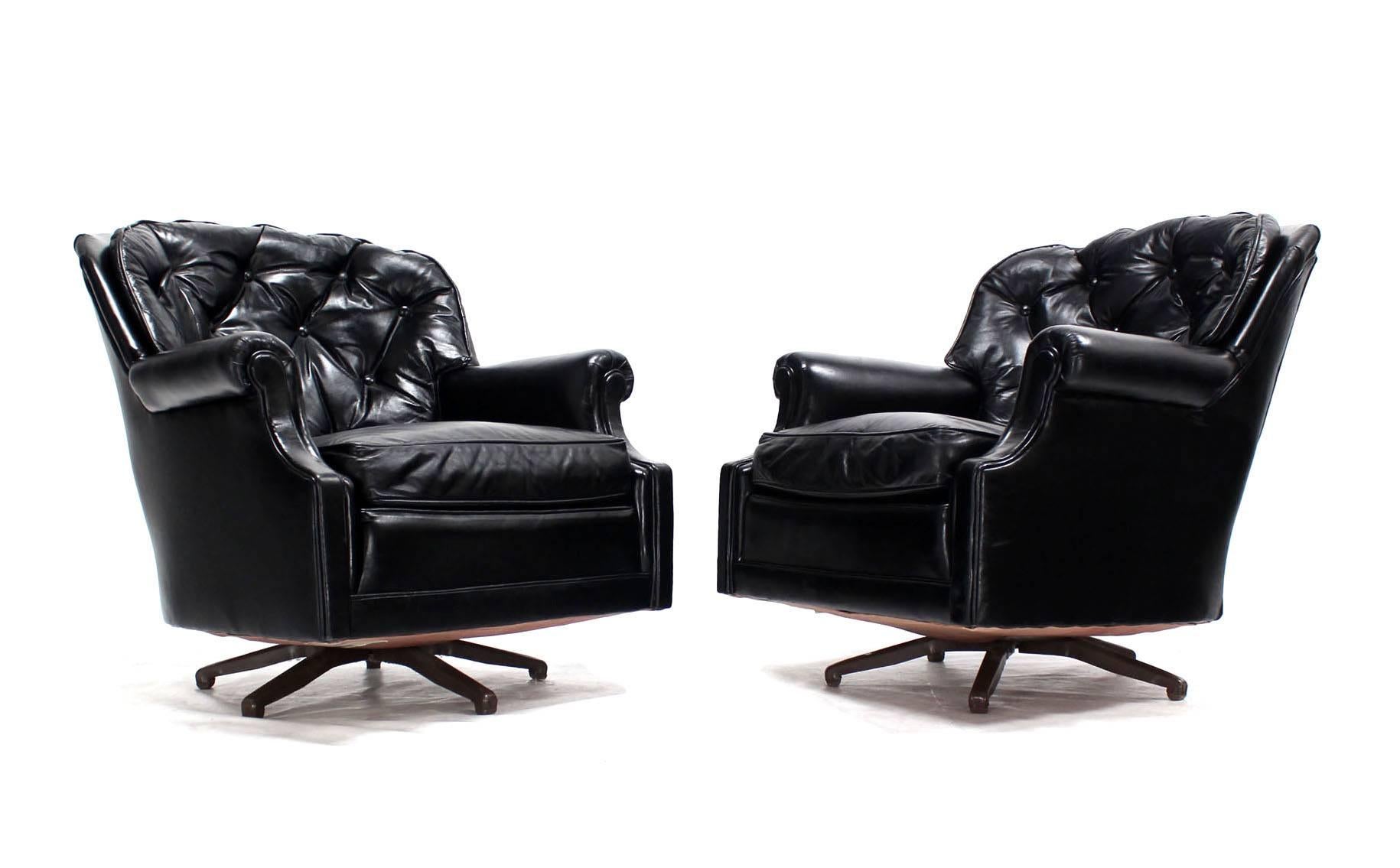 Pair of Shiny Black Leather Swivel Barrel Back Lounge Chairs  2