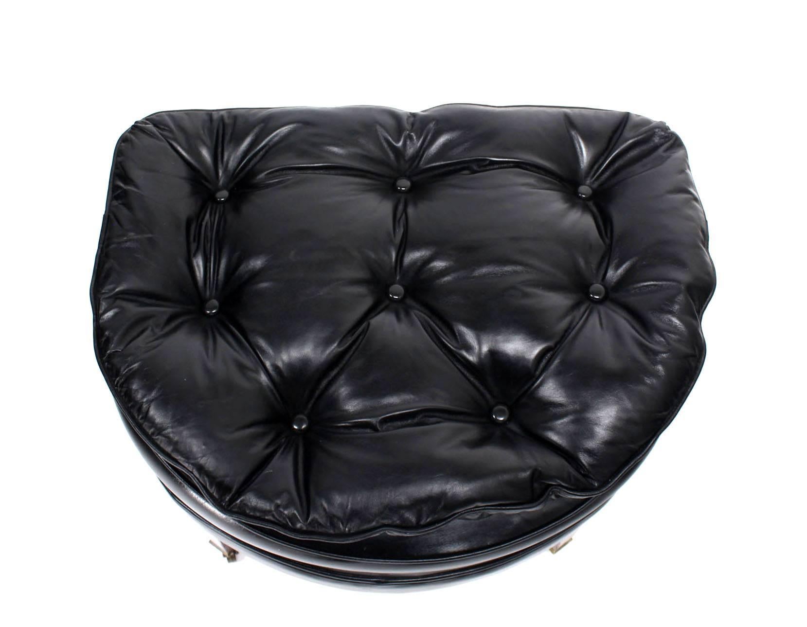 Pair of Shiny Black Leather Swivel Barrel Back Lounge Chairs  1