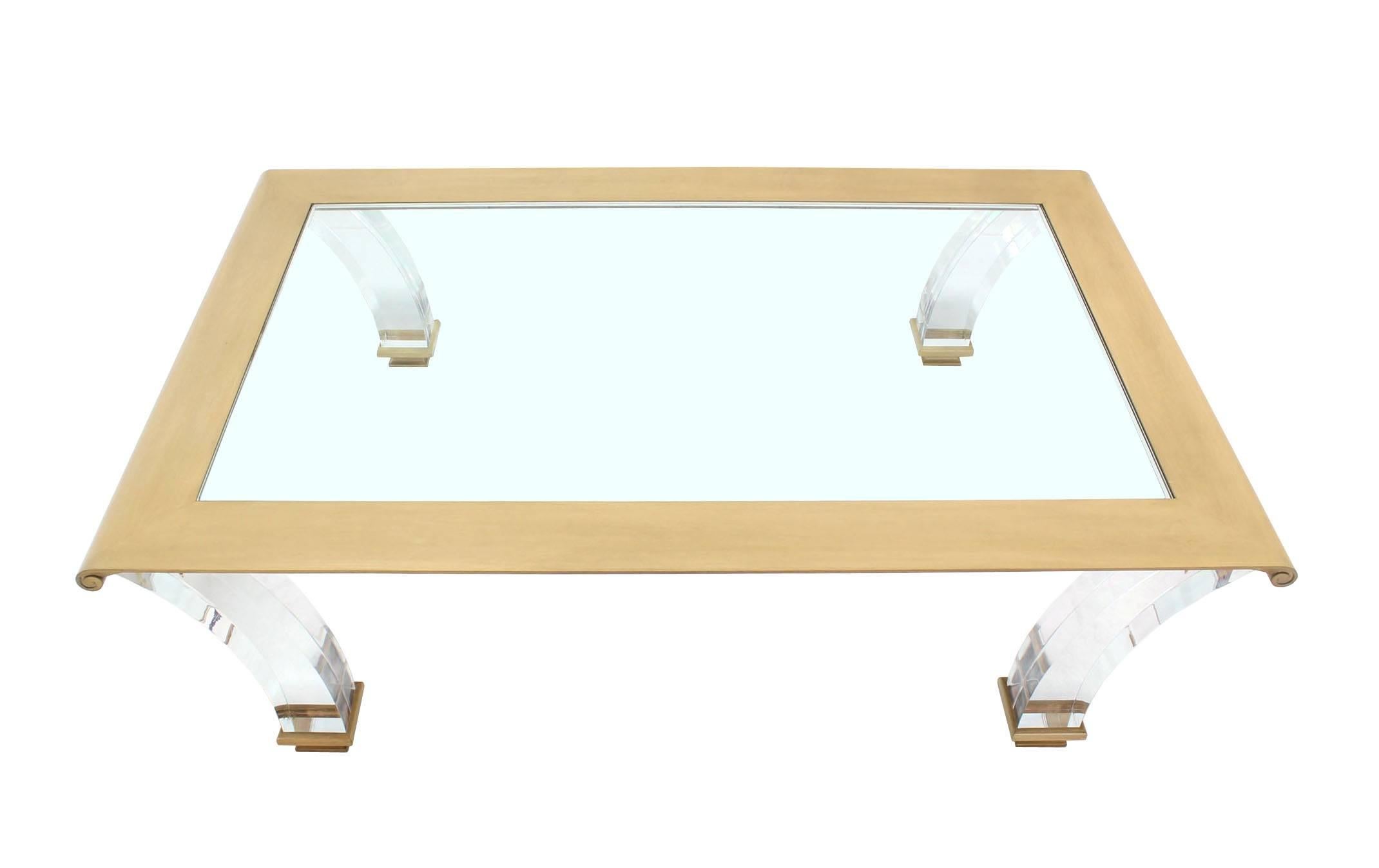 Polished Very Large rectangle Coffee Table with Glass Top on Bent Lucite Legs