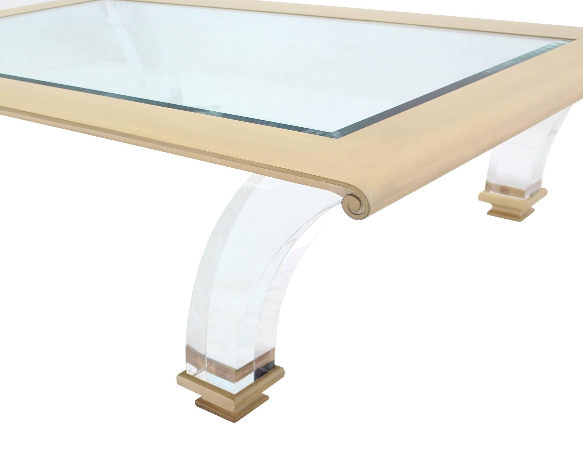 American Very Large rectangle Coffee Table with Glass Top on Bent Lucite Legs