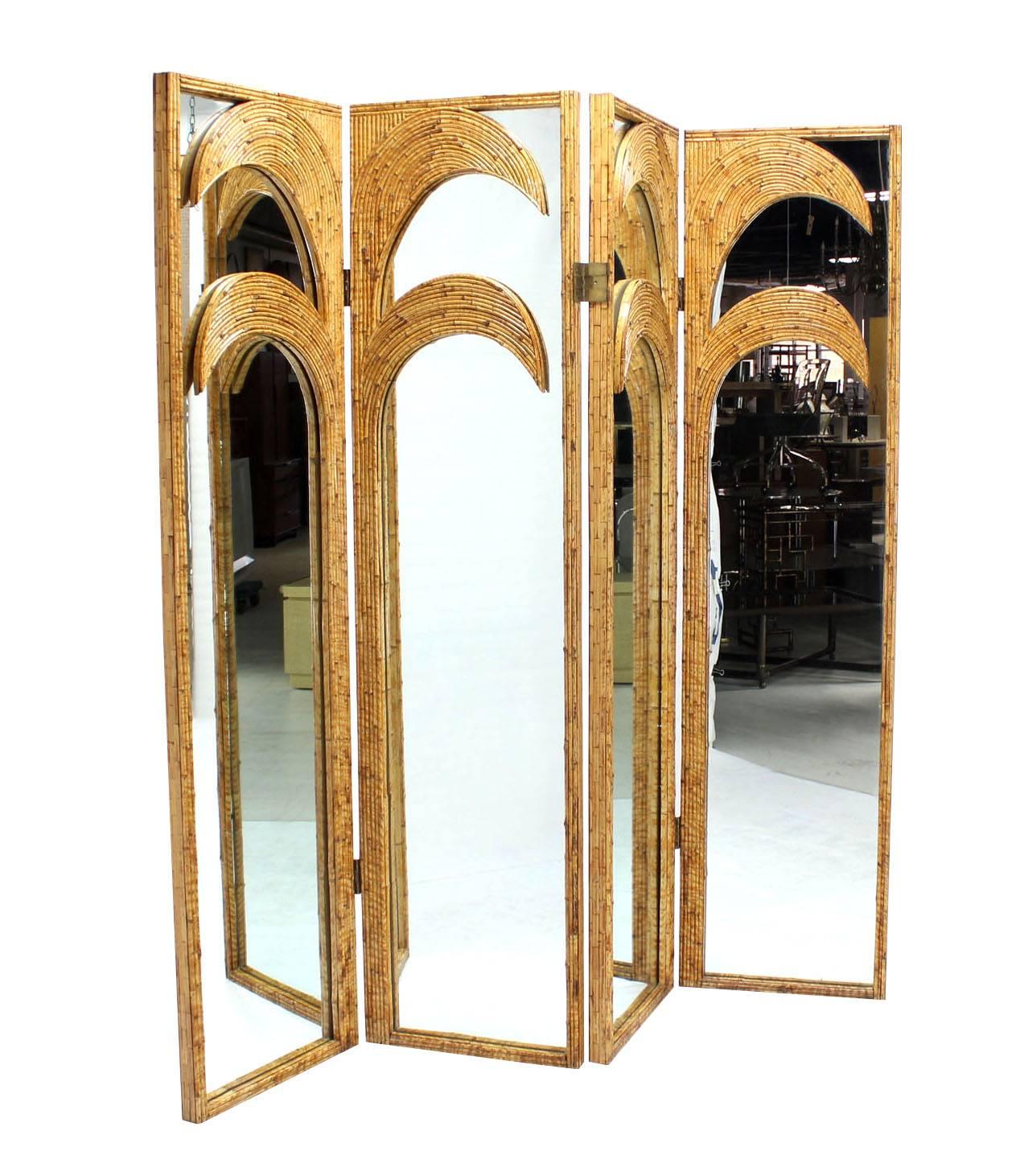 20th Century Figural Burnt Bamboo Large Folding Screen Room Divider